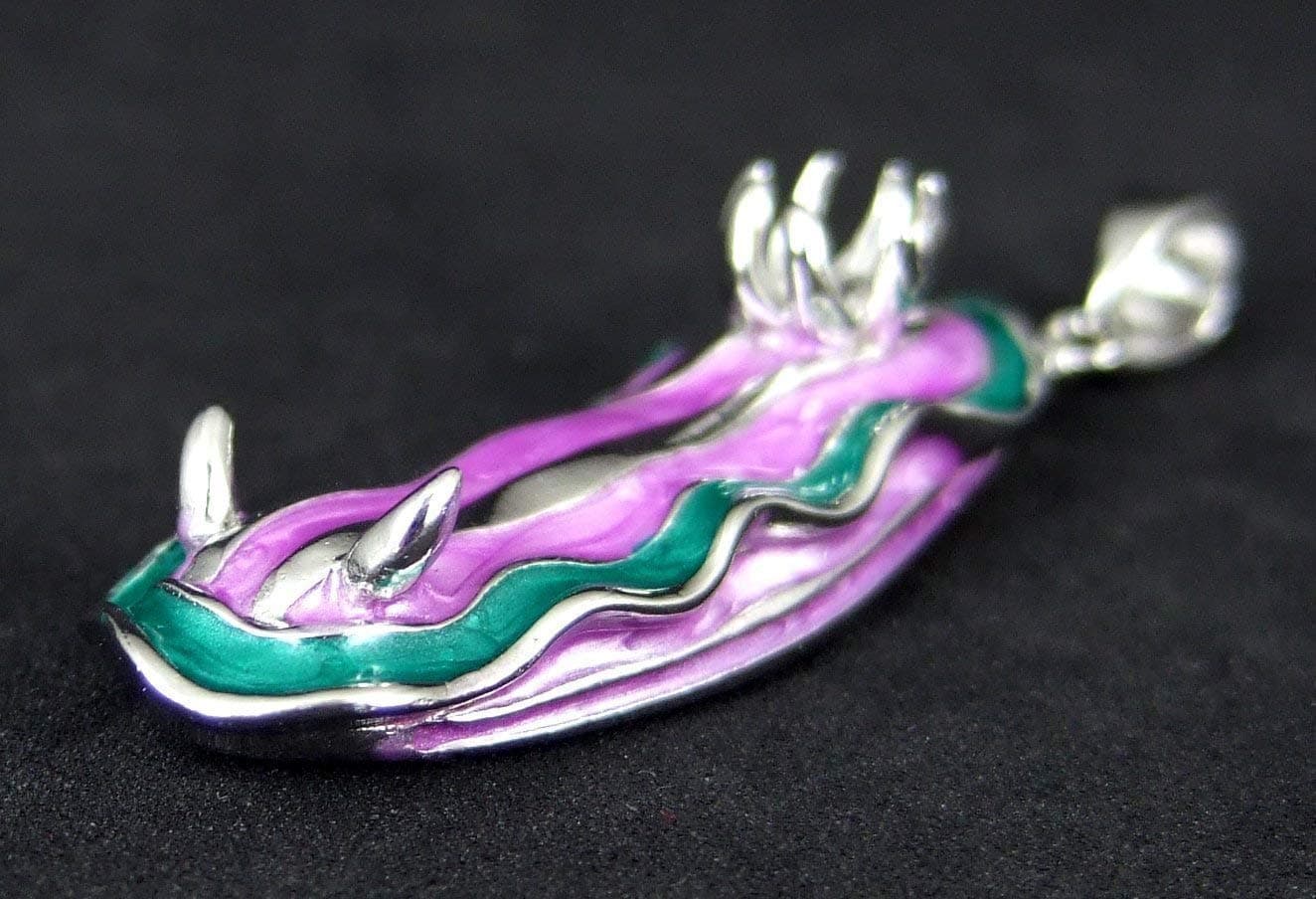 Sterling Silver Rhodium Plated Hand Painted Purple and Green Enamel 3D Nudibranch Sea slug Pendant Necklace