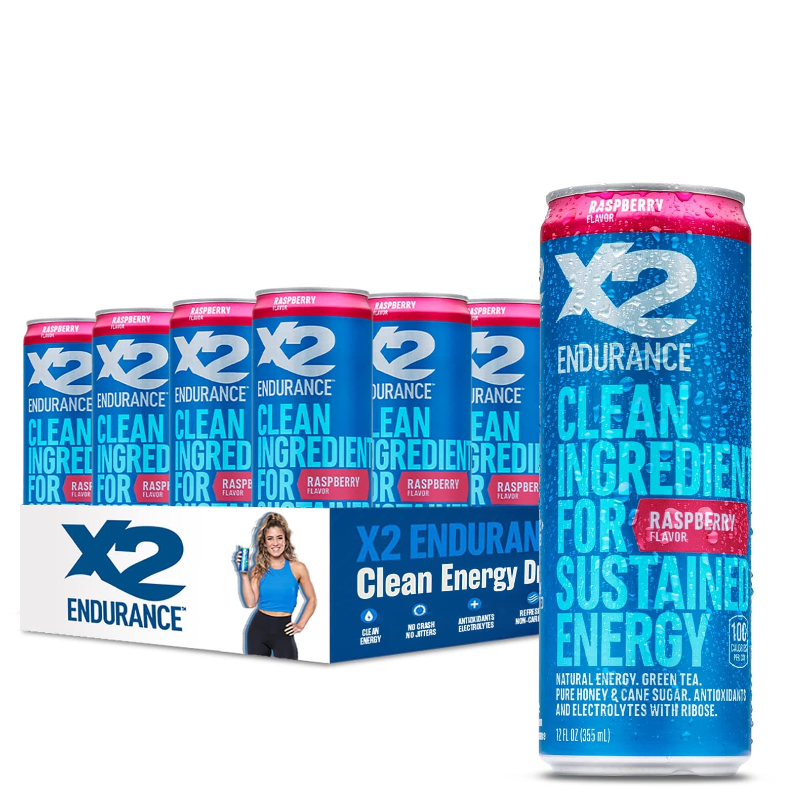 X2 Clean Energy Drink - Sustained Energy for Sport & Fitness Endurance, Low Calorie & Low Sugar (Raspberry, Pack of 12)