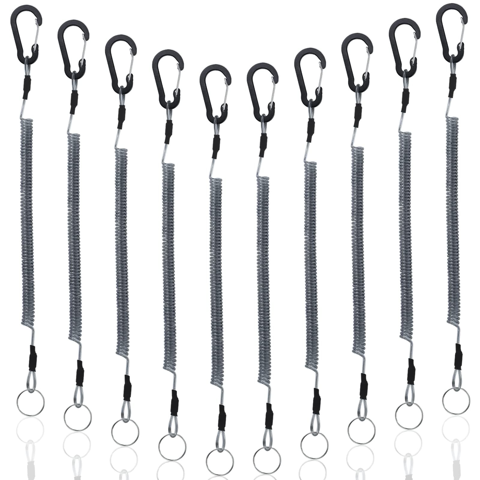 Fishing Lanyard (10Pcs) Retractable Safety Coiled Tether with Carabiner and Split Ring for Pliers, Boating, Tools(Black)