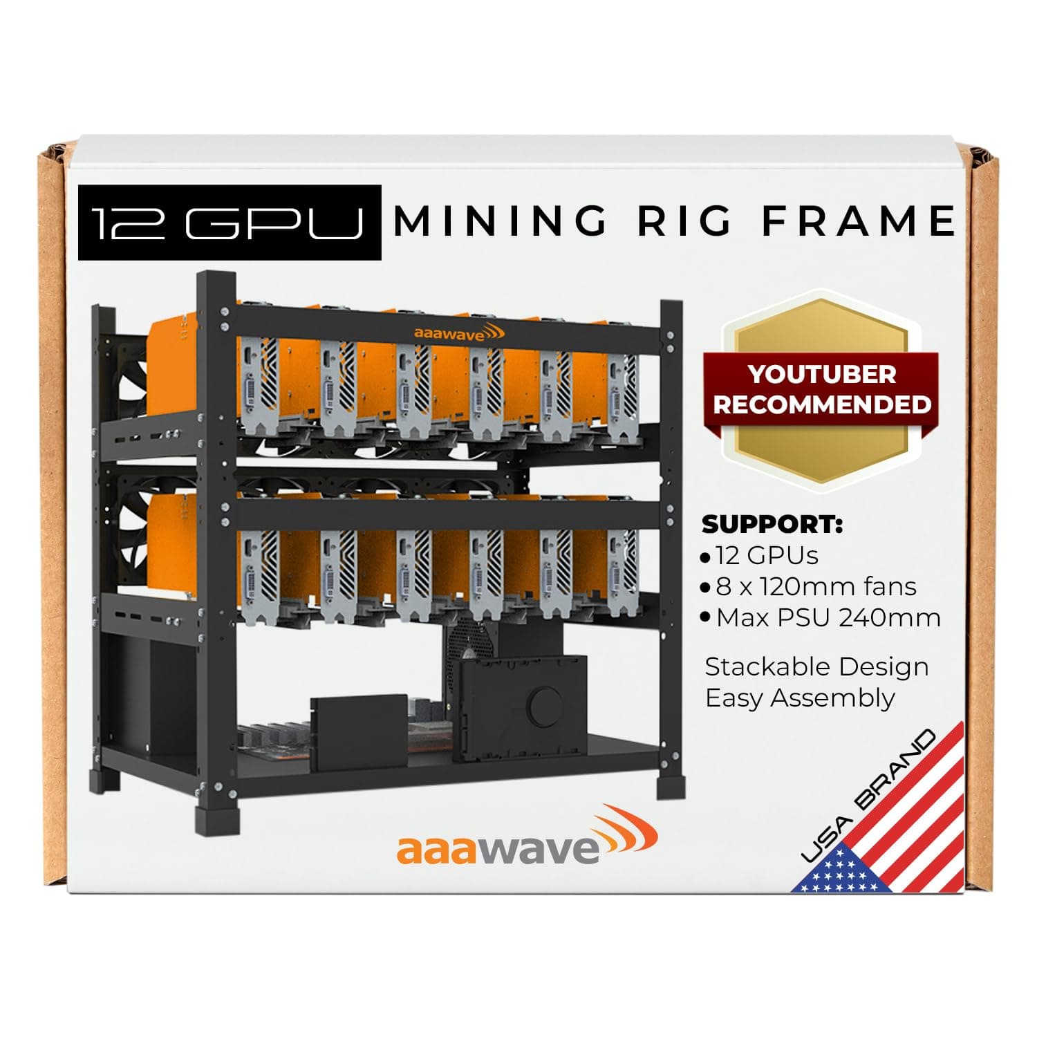 12GPU Mining Rig frame - The Sluice V2 Steel Open Frame Mining Rig Case, Stackable Chassis for Crypto Coin Currency & AI Machine Learning Applications