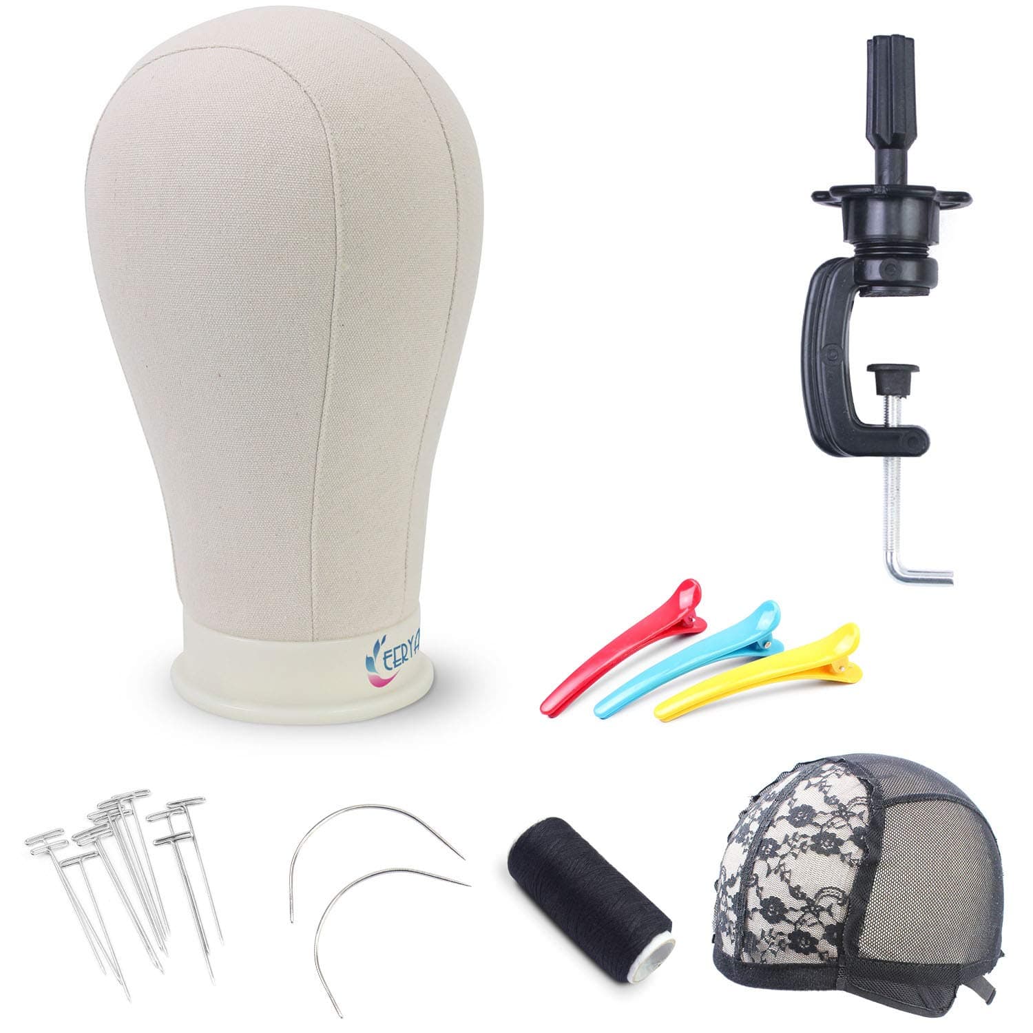 Eerya 22.5 Inch Wig Head Stand Set for Wig Making Display Styling Training Poly Canvas Block Head with Mount Hole Mannequin Manikin Head Stand(22.5 Inch)