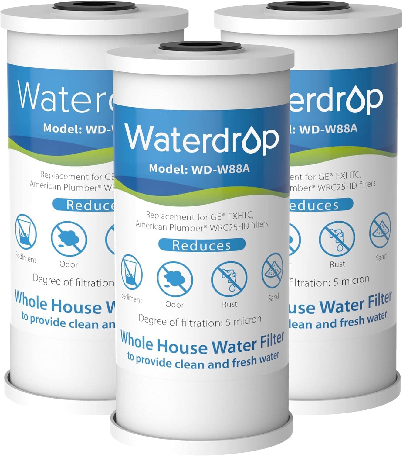 Waterdrop FXHTC Whole House Carbon Water Filter, Replacement for GE FXHTC, GXWH40L, GXWH35F, Culligan RFC-BBSA, American Plumber W10-PR, W10-BC, WRC25HD, 10" x 4.5" Cartridge, 5 Micron, Pack of 3
