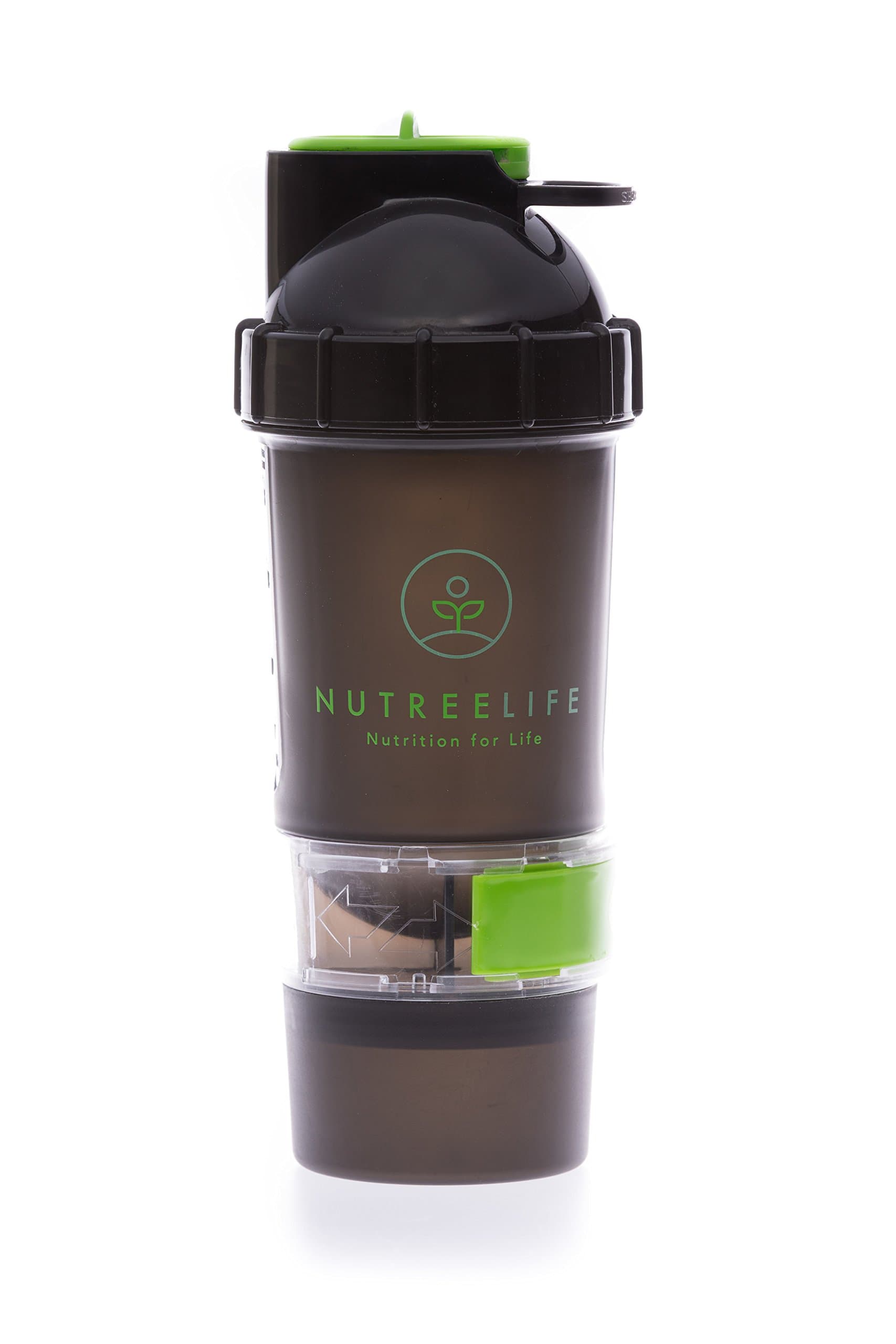 NutreeLife Protein Shaker Bottle with Storage. Perfect for Protein, Greens, Supplement Powder Blends. Compartments to Store Your Powder & Supplement Tablets.