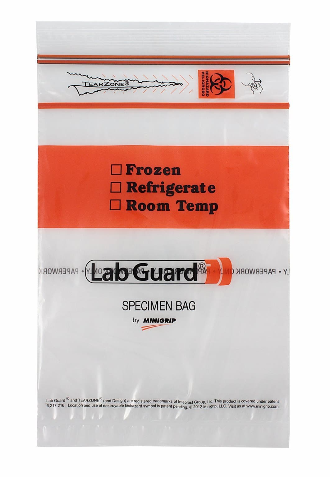 Lab Guard SBL2X69B5 Polyethylene (lDPE/IIDPE Blend) Specimen Bag with TearZone Destroyable Biohazard Symbol (Pack of 1000),Clear