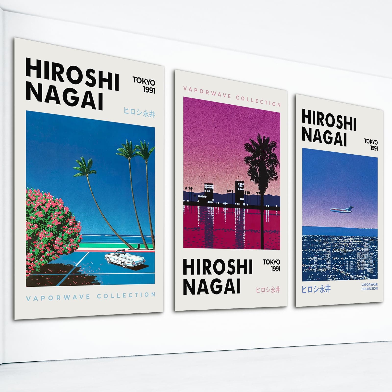 foefvpeft 3 Piece Vintage Japanese Canvas Wall Art, Hiroshi Nagai Vaporwave Poster for Room Aesthetic, Retro 90s Japanese Manga Colorful Art Print, Modern Japanese Landscape Art 12x16in Unframed