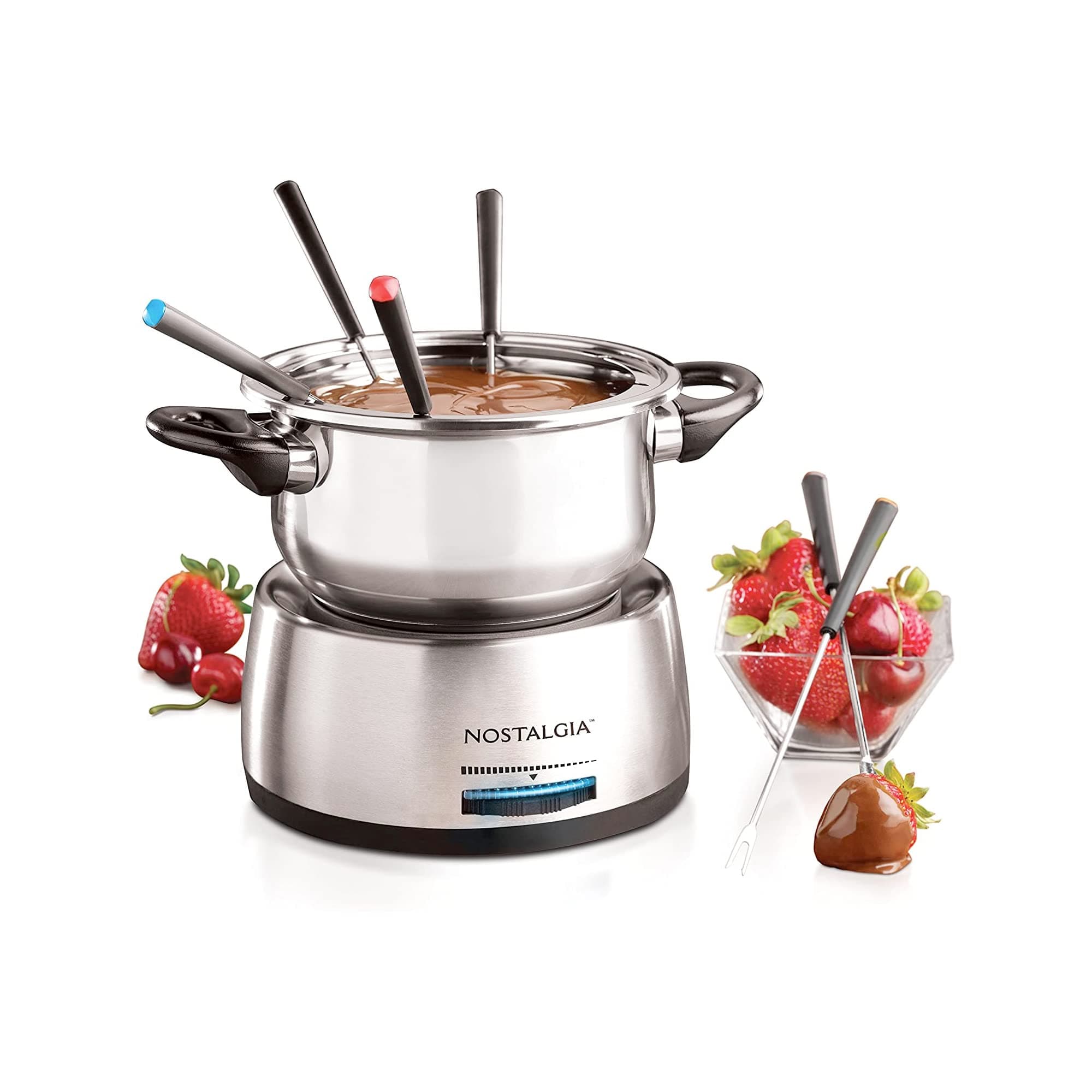 Nostalgia FPS200 6-Cup Stainless Steel Electric Fondue Pot with Temperature Control, 6 Color-Coded Forks and Removable Pot - Perfect for Chocolate, Caramel, Cheese, Sauces and More