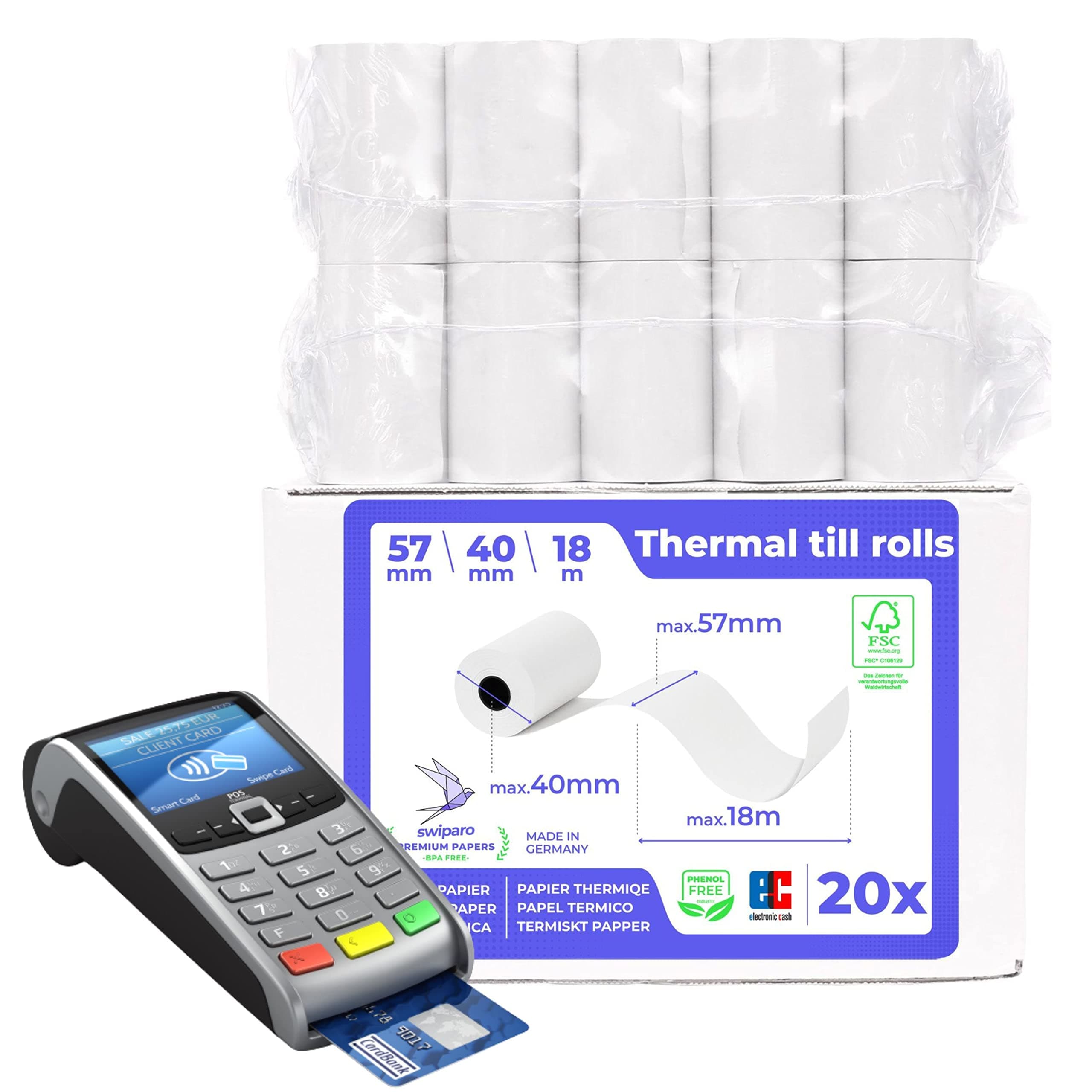 SWIPAROPremium Till Rolls 57x40 - PDQ Rolls for Credit Card Machine – Thermal Paper roll for Receipt - 57mm x 40mm BPA Free (57x40x12-Pack of 20)