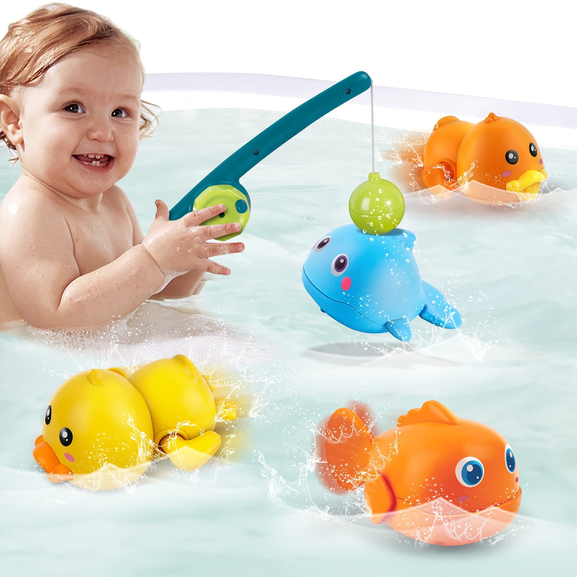 Bath Toys Magnetic Fishing Games Infant Baby Bath Time Wind-up Swimming Duck Whale Floating Pool Bathtub Christmas Birthday Gifts Toys Set for Toddlers Kids Age 18 Months 2 3+ Year Olds Boys Girls