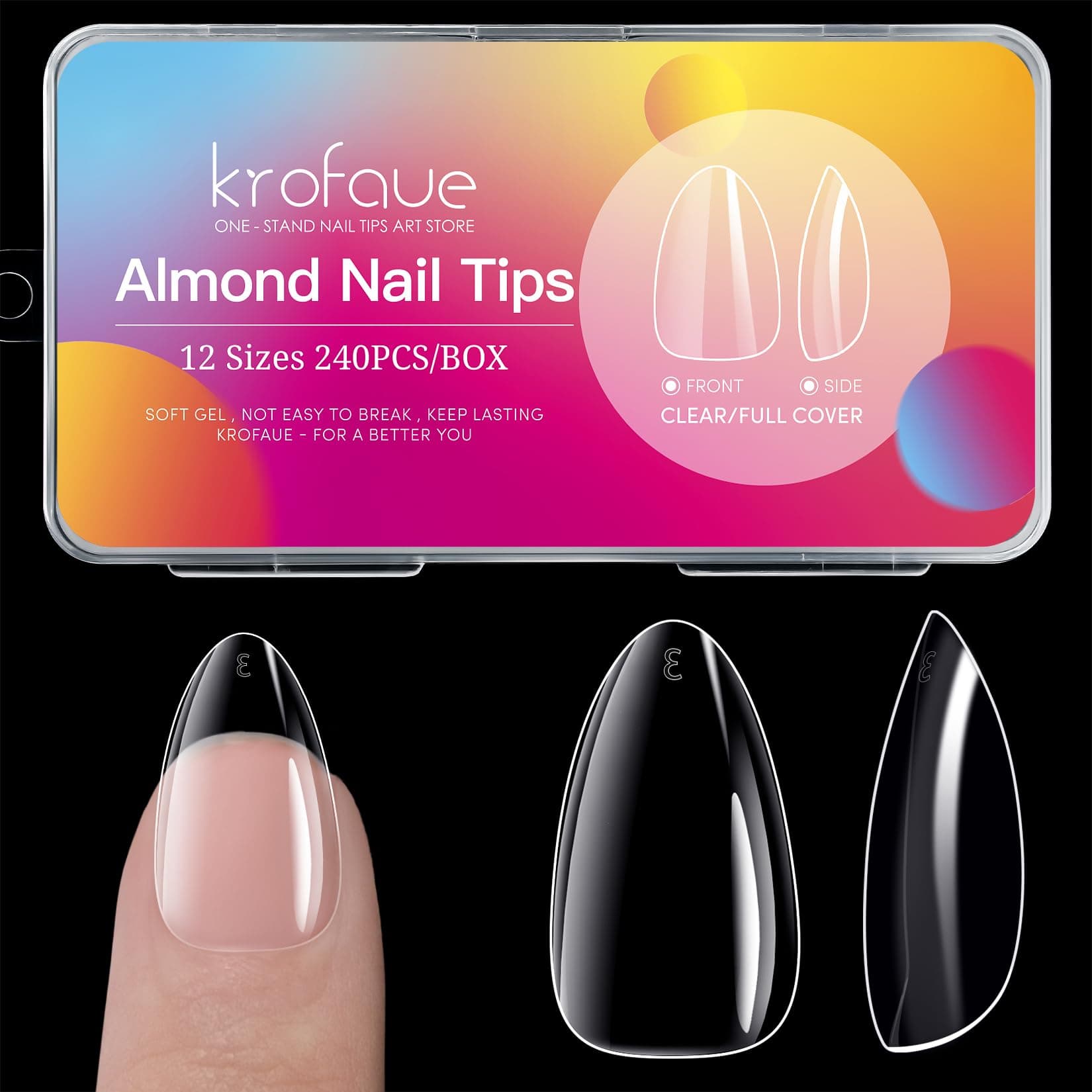 krofaue Short Almond Nails - 240Pcs Almond Clear Nail Tips, 12 Sizes Artificial Acrylic False Nails, Full Cover Press on Nails for Home DIY & Nail Art