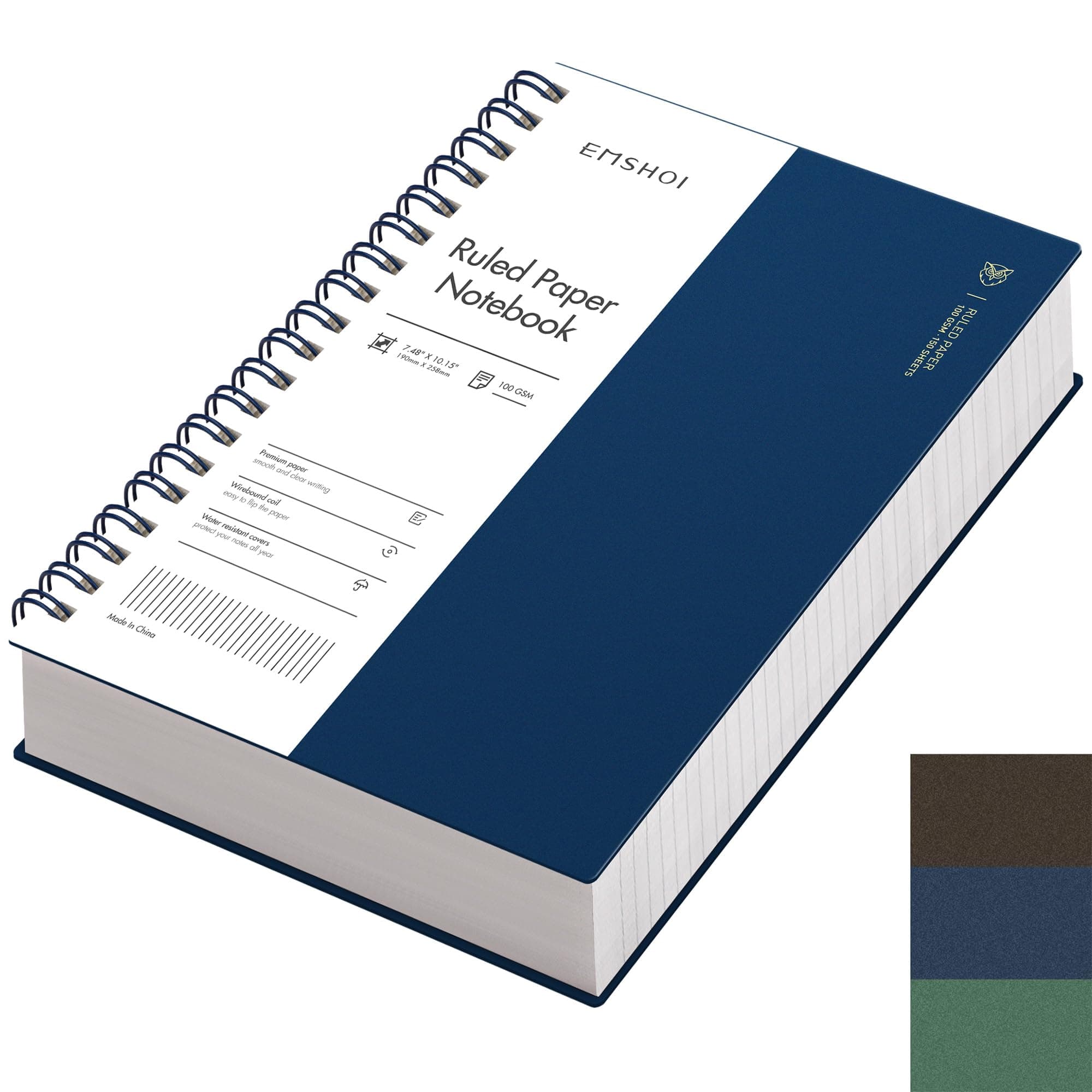 EMSHOI B5 Notebook Lined 300 Pages/150 Sheets, Spiral Notepad Multi-coloured, 100gsm Thick Paper, Waterproof Hardcover, Writing Journal for Women Men Work Office School,19 x 25 cm, Blue