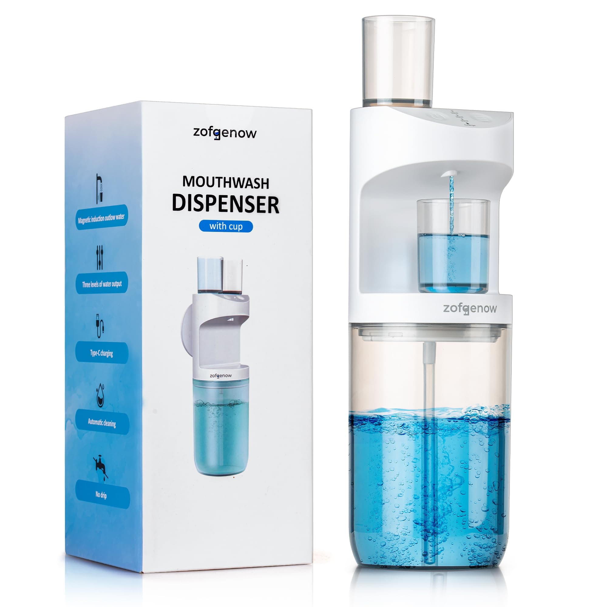 ZOFGENOW - Automatic Mouthwash Dispenser for Bathroom, Bathroom Accessory, 570ml Capacity with Magnetic Cups, Wall Mounted Dispenser, Suitable for All Ages - White