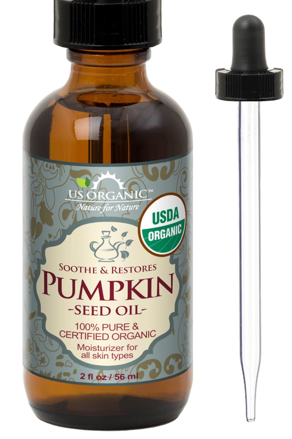 US Organic Pumpkin Seed Oil, USDA Certified Organic,100% Pure & Natural, Cold Pressed Virgin, Unrefined in Amber Glass Bottle w/Glass Eyedropper for Easy Application (2 oz (56 ml))