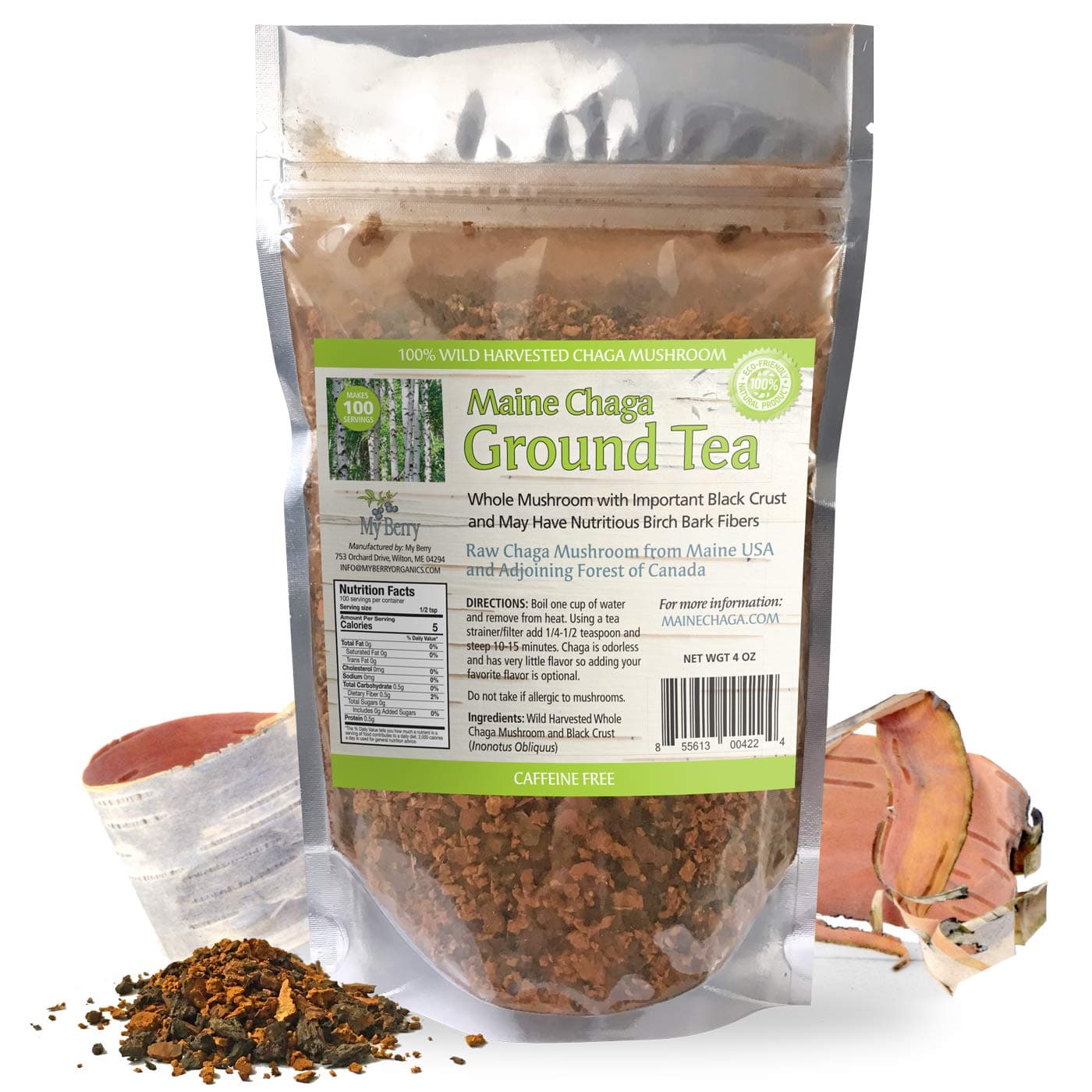 Chaga Ground Herbal Tea by My Berry | 100% Canadian Wild-Harvested | Additive-Free & Caffeine-Free | Coarse Ground Loose Tea | 4oz