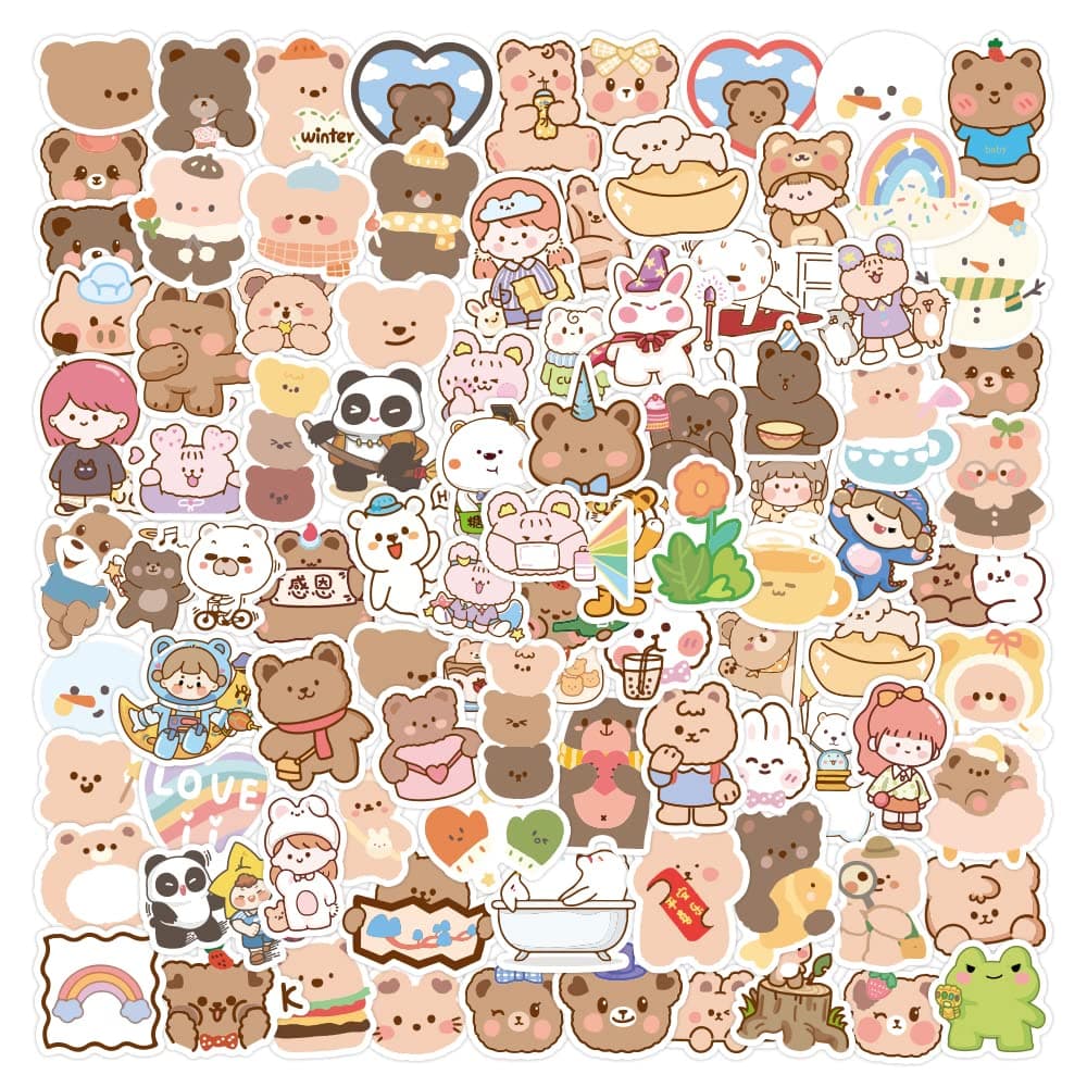 100pcs Cute Korean Bear Stickers Gifts for Girls Kids Small Kawaii Rilakkuma Scrapbooking Stickers Vinyl Waterproof Lovely Aesthetic Decals for Laptop Water Bottles Phone