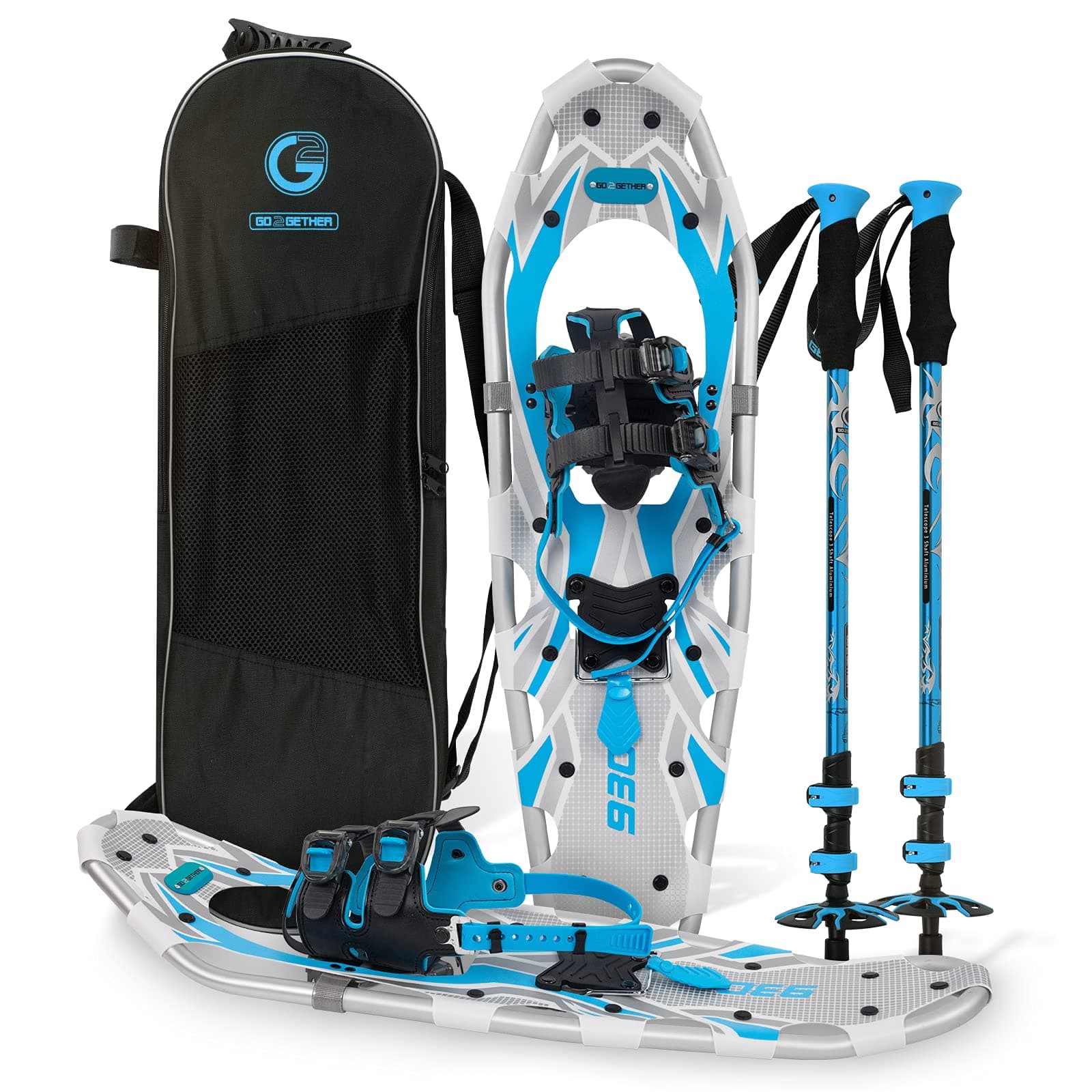 G2 36 Inches Light Weight Snowshoes with Toe Box, EVA Padded Ratchet Binding, Heel Lift, Flexible Pivot Bar, Durable Back Strap, Set with Trekking Poles, Carrying Bag, Snow Baskets, Blue
