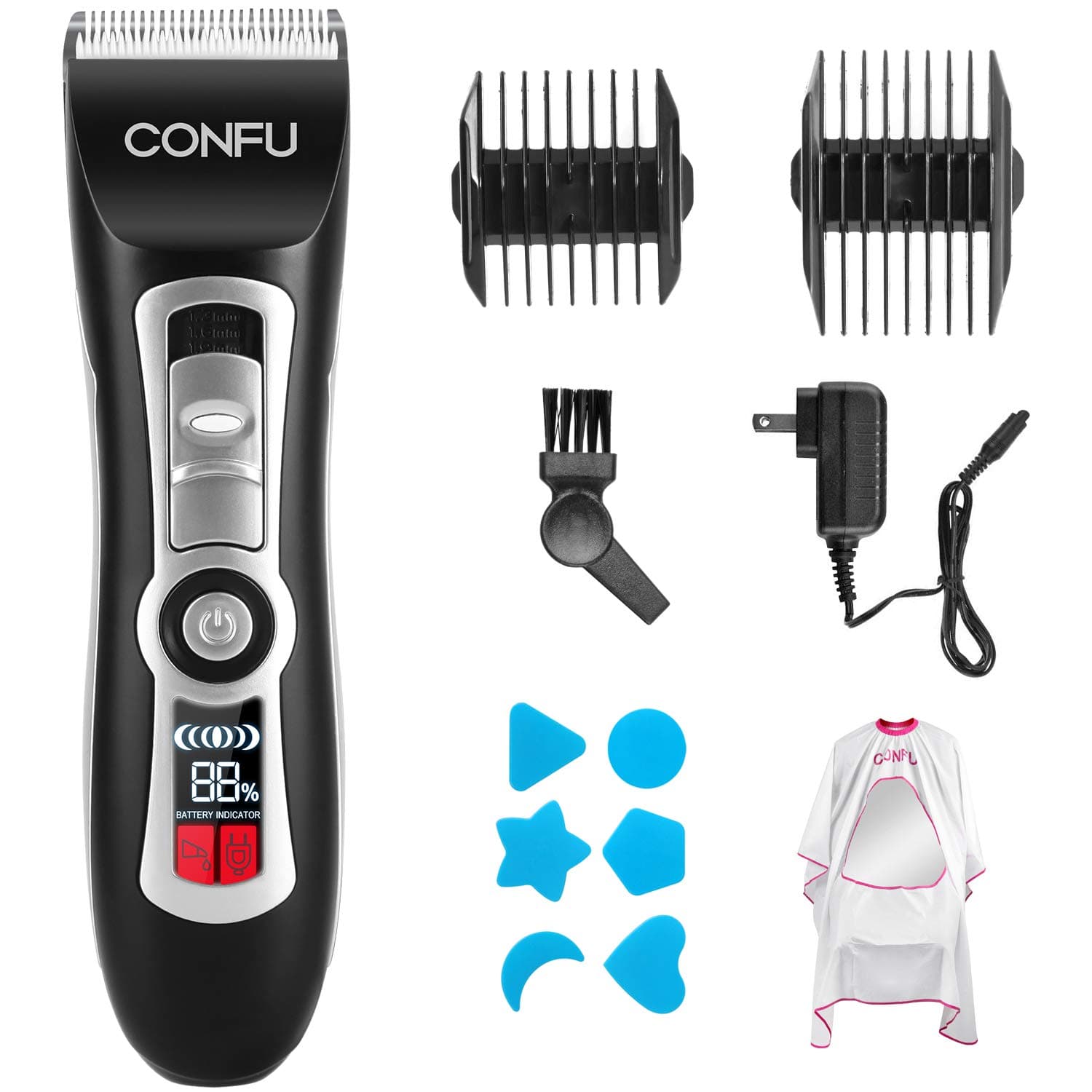 Cordless Hair Clippers and Beard Trimmer - 4.5 Hour Long Life Battery, LCD Display, Titanium and Ceramic Blades - Includes Guide Combs and 4 attachments - CONFU