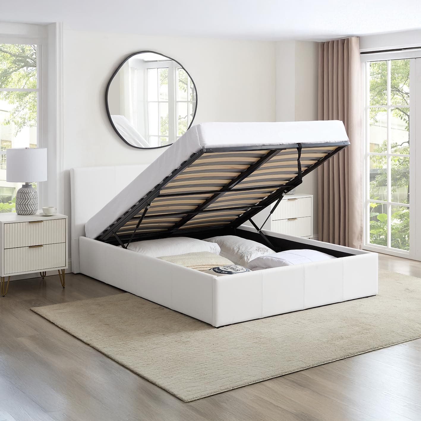 Single White Ottoman Storage Bed Gas Lift Up (3ft) | (L) 203cm x (W) 108cm x (H) 88.5cm - Faux Leather Fabric | Sprung Slats Base | Space Saving Storage