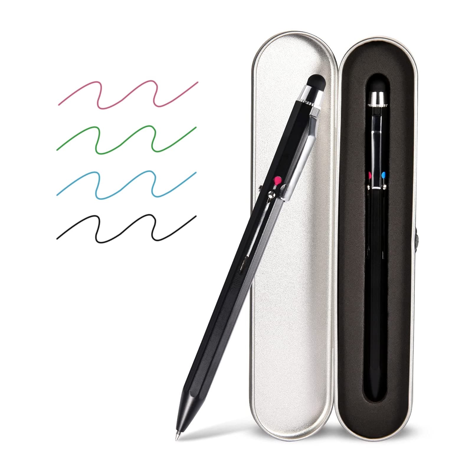 SMTTW 5-in-1 Stylus Pen&Multicolored Pen in One, Multifunction Pen with Metal Gift Box,Black Blue Red Green Ballpoint Pen Ipad with Universal Stylus Multicolor Pen for Touch Screens（Black）