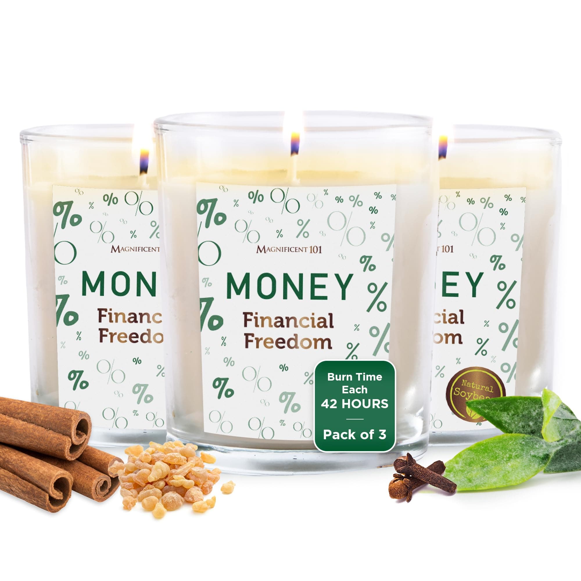 MAGNIFICENT 101 Set of 3 Long-Lasting Money Financial Freedom Smudge Candles - 10.5 oz - 42-Hour Burn - Made with Soy Wax and Sage Herbs - Candle for House Energy Cleansing & Manifestation