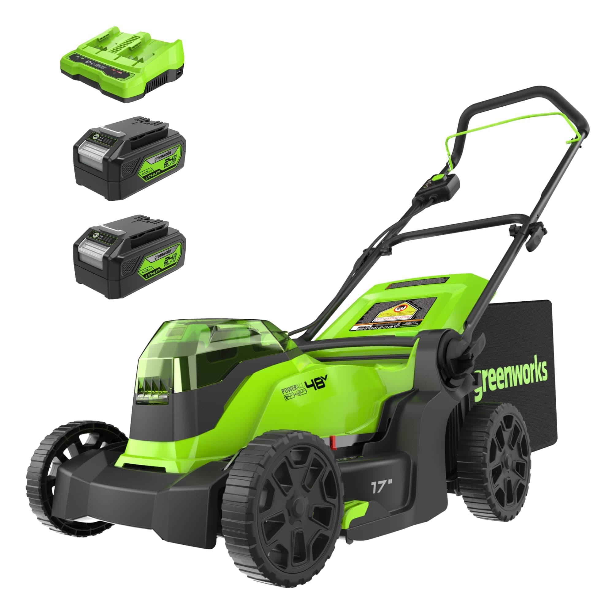 48V (24V x 2) 17" Brushless Cordless Push Lawn Mower, Includes (2) 4.0Ah Batteries and Dual Port Rapid Charger((200+ Compatible Tools, 45Min Runtime)