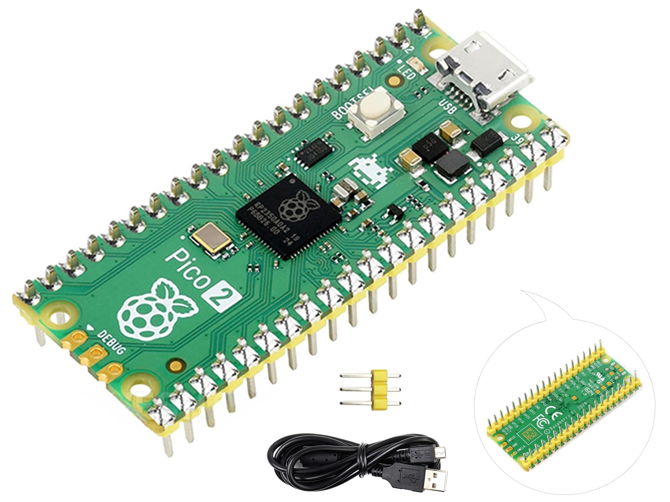 Pico 2 with Yellow Pre-Soldered Header Compatible with Raspberry Pi Pico 2 Microcontroller Board, Based on Official RP2350 Chip, Dual-Core & Dual-Architecture Design 4MB Flash, 3 Items