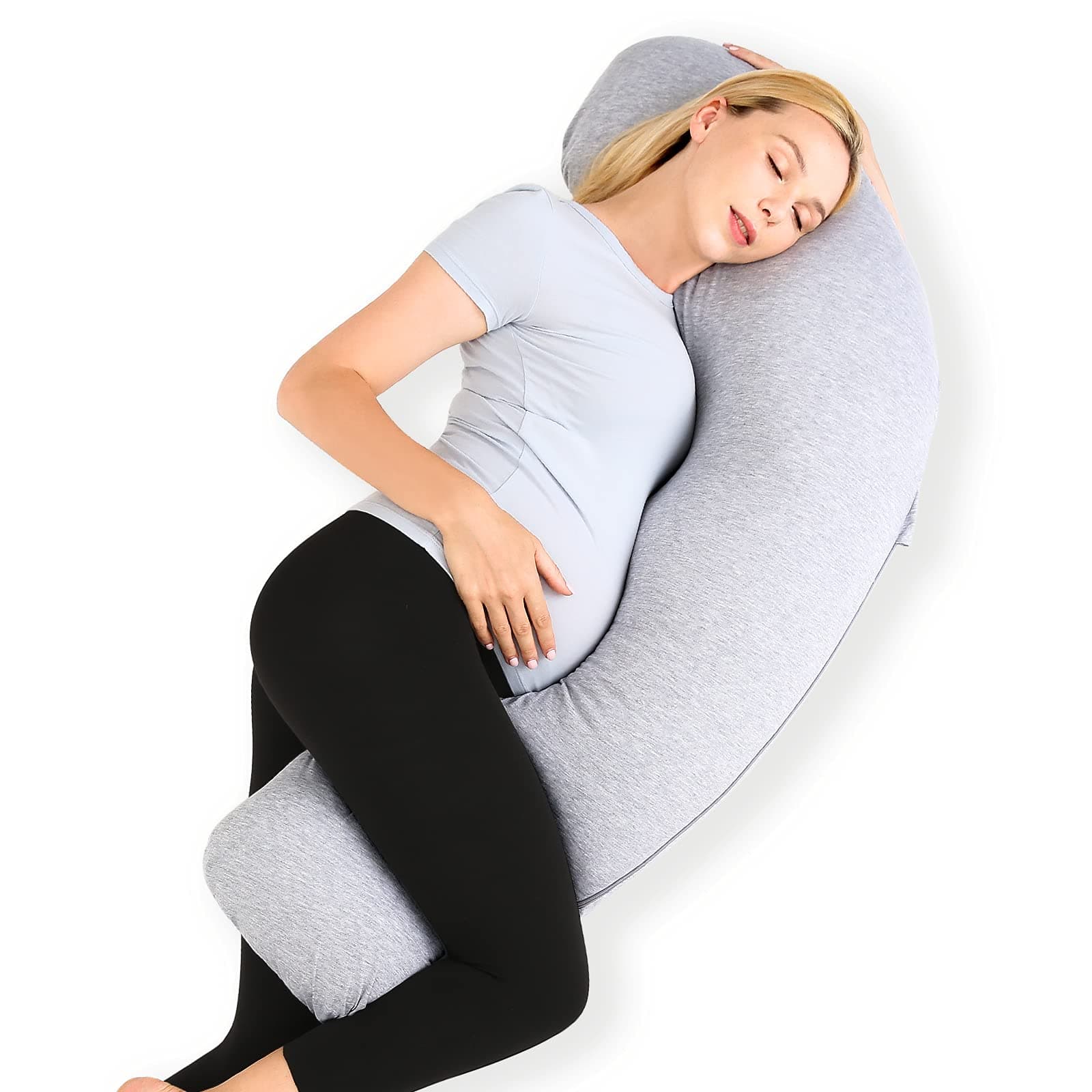 Momcozy Pregnancy Pillows for Body Support, J Shaped Maternity Pillow with Removable Jersey Cover, Soft Pregnancy Body Pillow for Side Sleeping Head Neck Belly Support, Grey