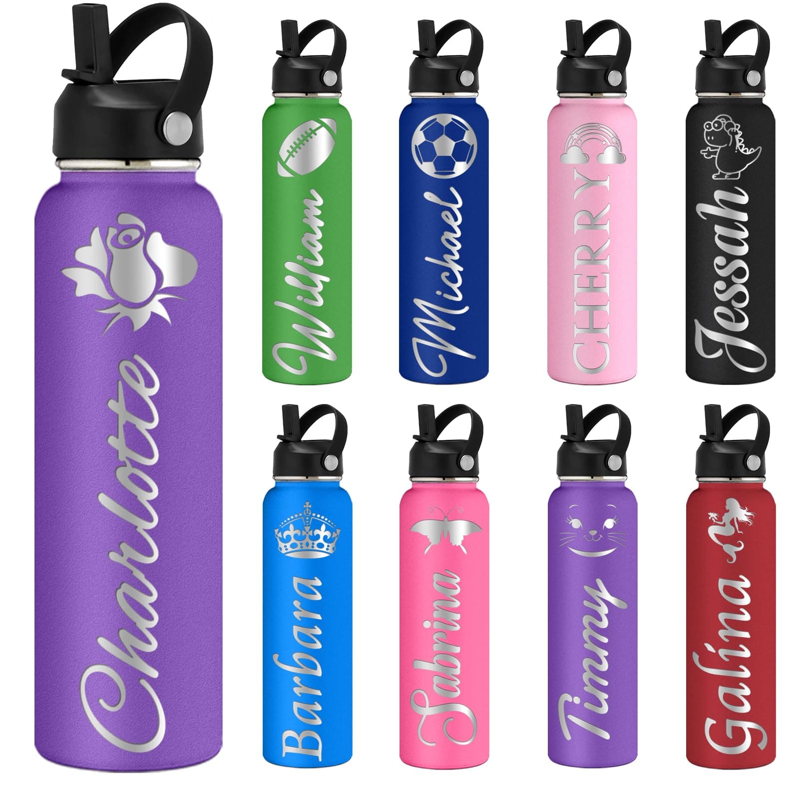 Custom Water Bottles Personalized with Straw Lid 24 oz Customized Stainless Steel Water Bottles with Engraved Names Double Wall Insulated for School Sports