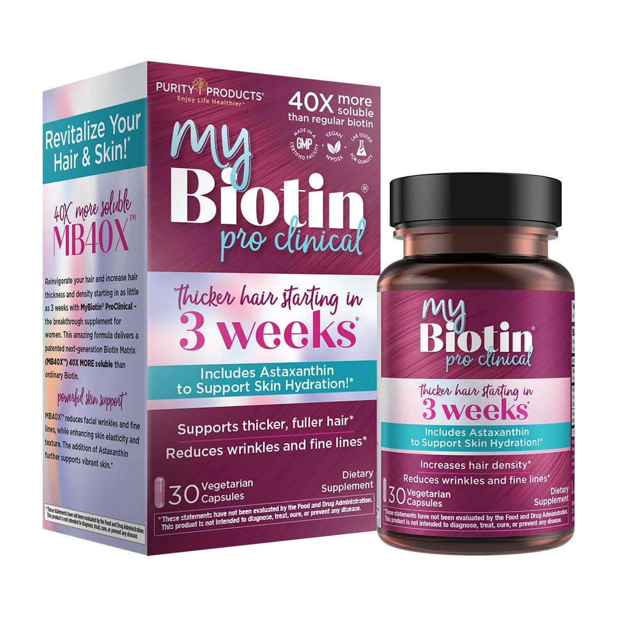 MyBiotin ProClinical – Thicker Hair in 3 Weeks & Fights Wrinkles - MB40X Patented Biotin Matrix w/Astaxanthin - 40X More Soluble vs Ordinary Biotin – Hair, Skin & Nails - - 30 Veg Cap