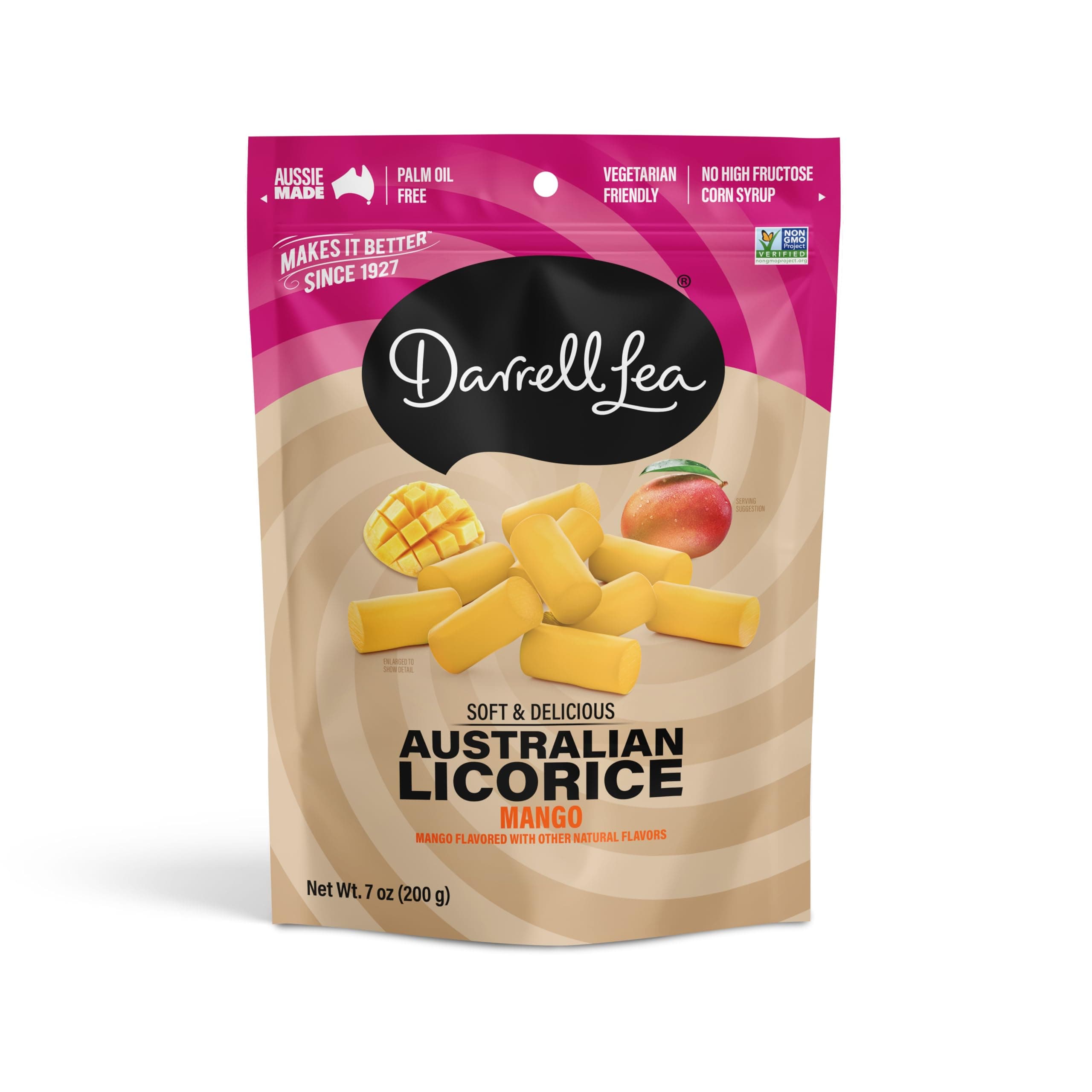 Darrell Lea Soft Australian Licorice, Non-GMO, No Palm Oil, Plant Based, No High Fructose Corn Syrup, Soft & Chewy Licorice Candy, Made in Australia (Mango, 7 Ounce (Pack of 1))