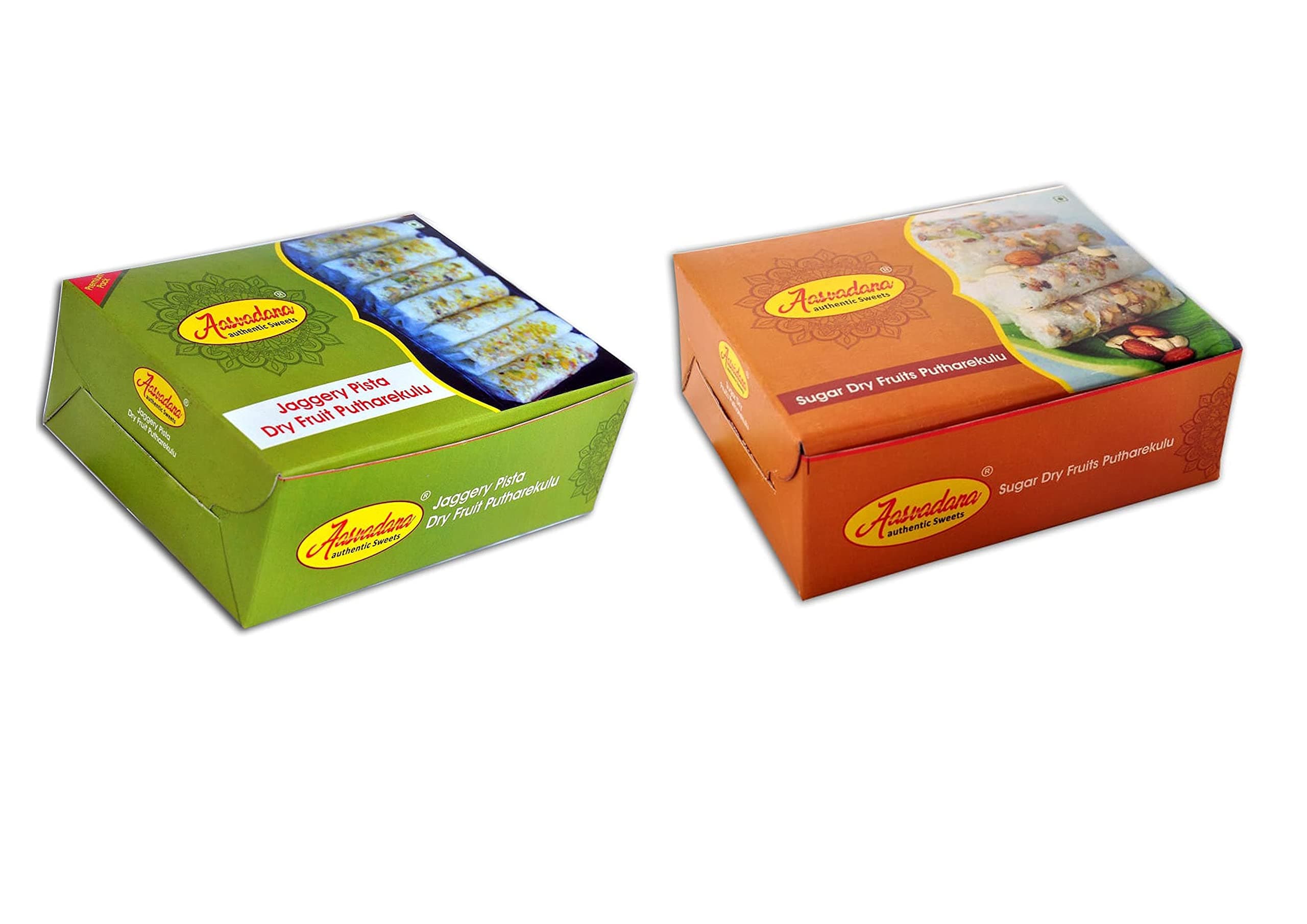 Aasvadana-Authentic Sweets Andhra Sweets Jaggery Dry Fruit Pista & Sugar Dry Fruit Putharekulu Combo-280 g (Pack of 2)