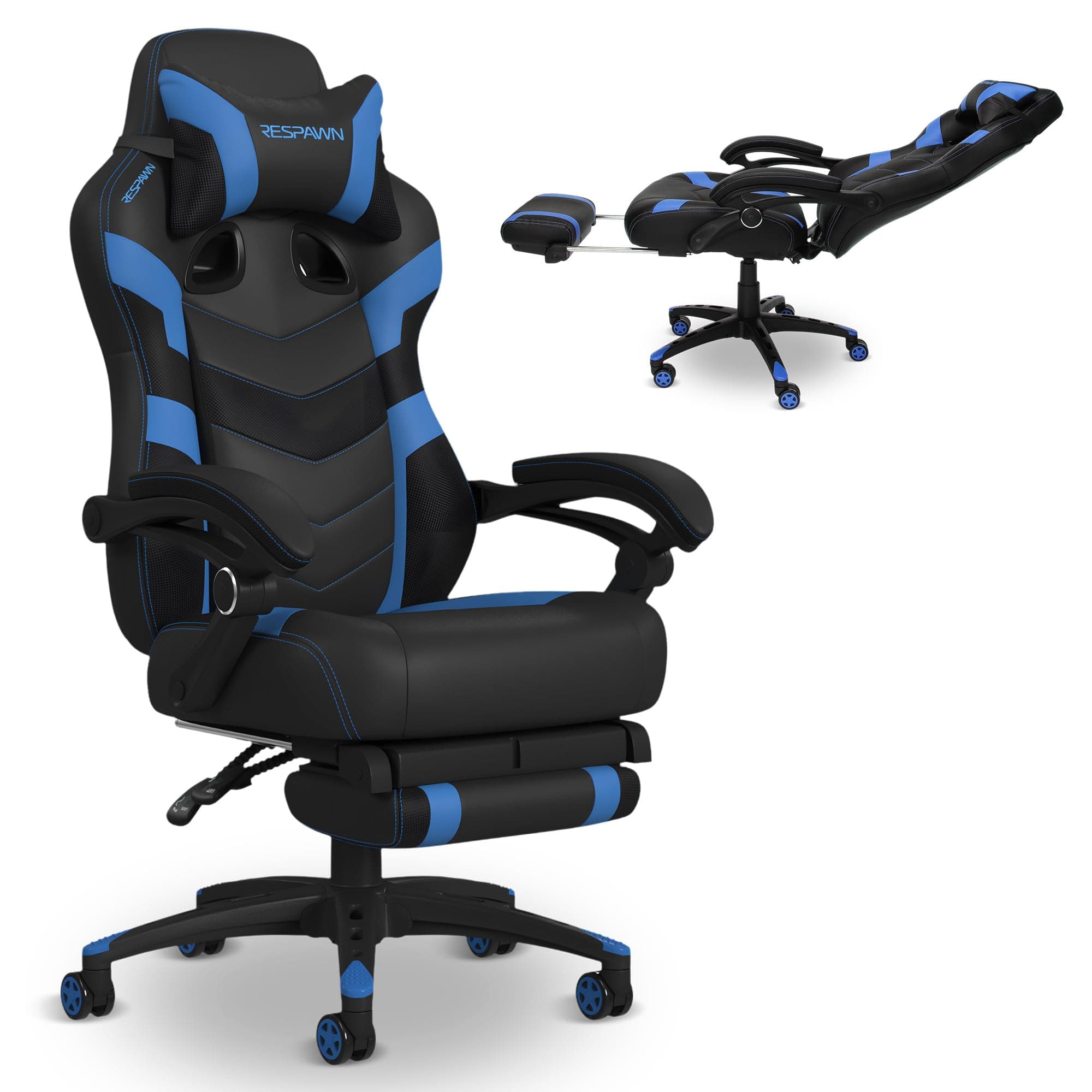 110 Pro Ergonomic Gaming Chair with Footrest for Adults - Comfortable Office Gaming Recliner with Lumbar Support and Headrest, Racing Style Video Game Chairs for Computer Gamer - Blue