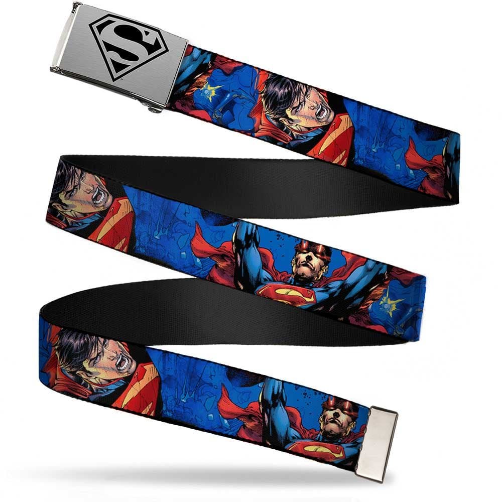 Buckle-DownBelt Graphic Clamp Buckle New 52 Superman Flying Lifting Action Poses Explosion Blues 1.25 Inch Wide Fits up to Size 42