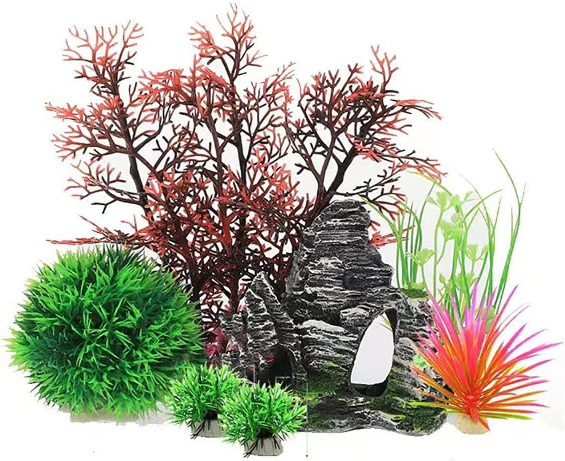 Na Aquarium Fish Tank Plastic Plants And Cave Rock Decorations Decor Set 7 Pieces, Accessories Plants, Small Large Artificial With