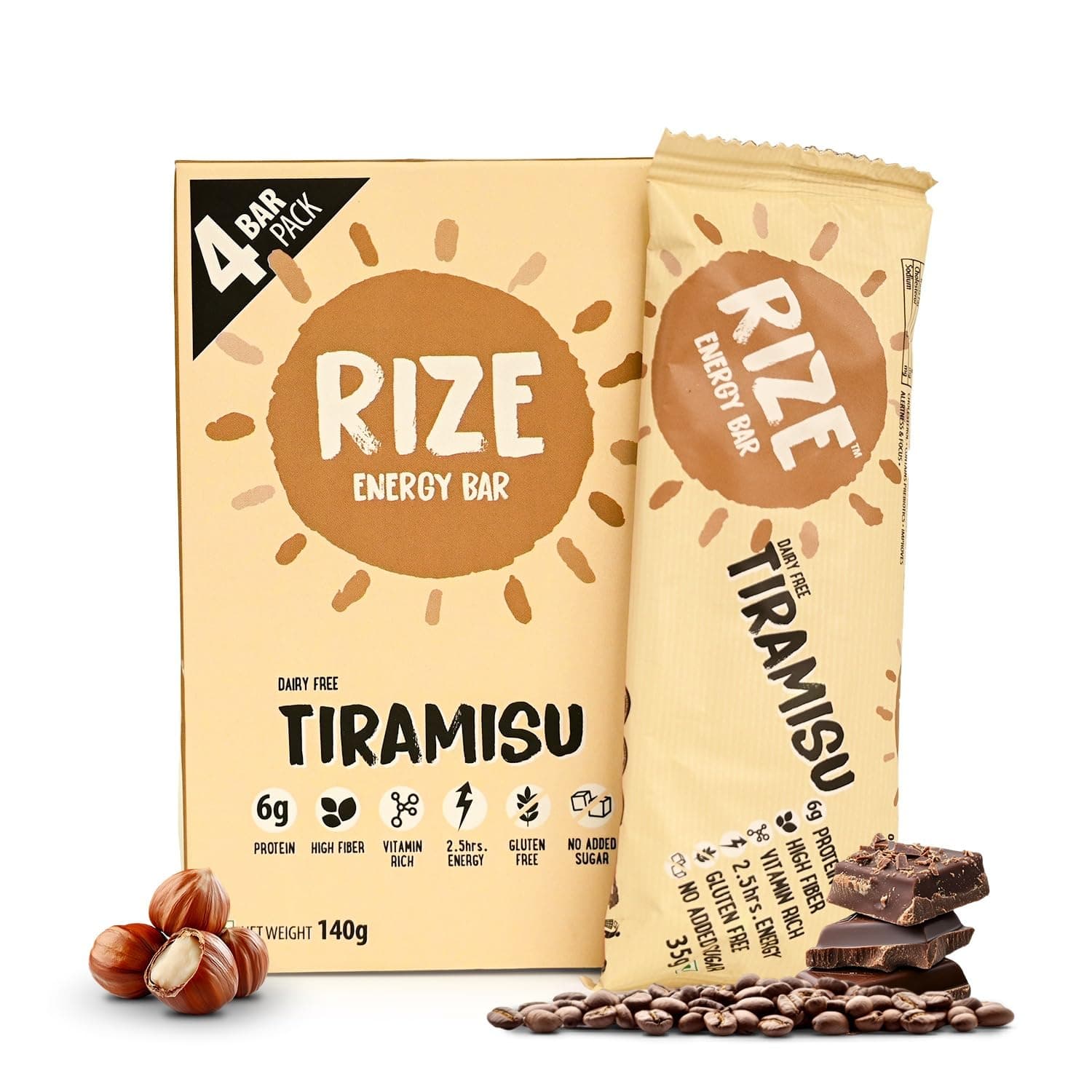 RIZE Energy Bar | Caffeinated Energy Bar with 6gm High Protein | Sugar Free and Healthy Snacks for Men & Women | High Fiber, Gluten Free Protein Bars, Zero Added Sugar | Pre and Post Work Out Protein Bar (Tiramisu- Pack of 4 Bar)