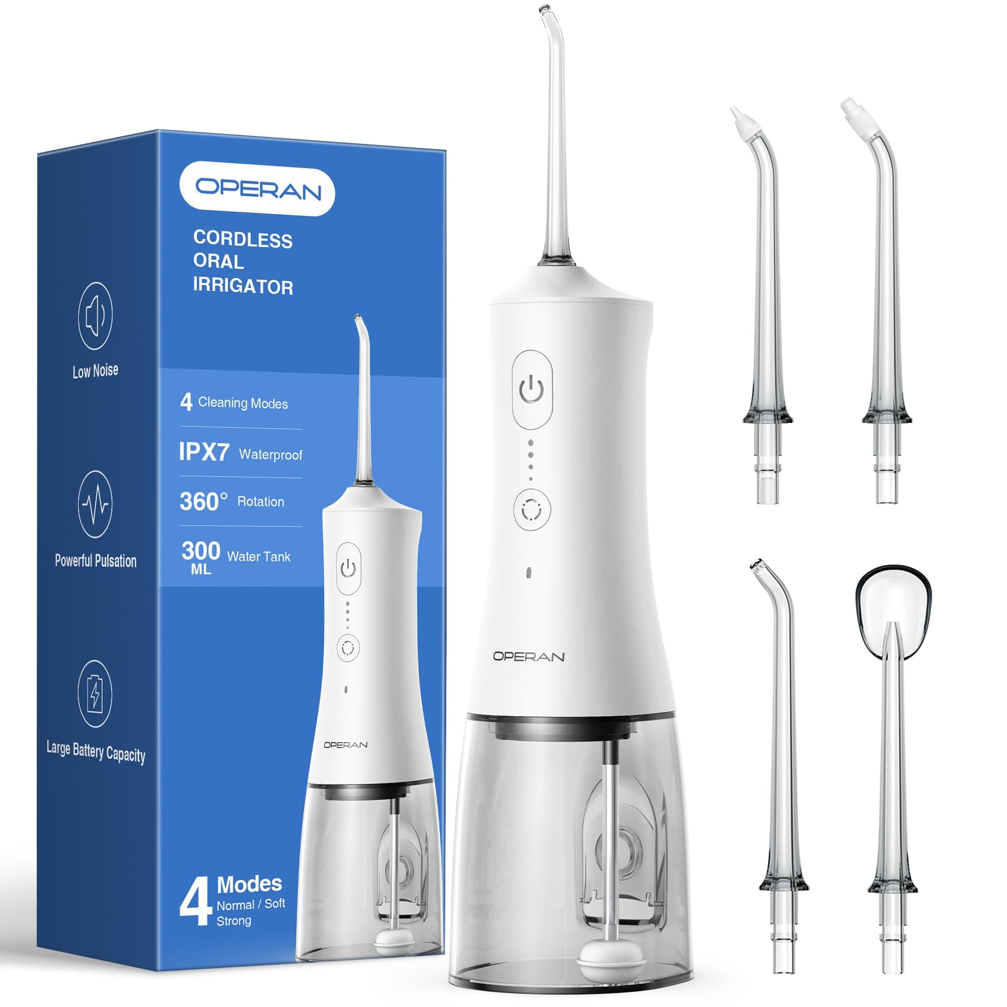 Operan Water Flosser for Teeth Cleaning Upgraded 300ml Cordless Water Dental Flossers Rechargeable Oral Irrigator with 4 Modes 4 Jet Tips IPX7 Waterproof Water Floss for Home Travel (White)+1Pack