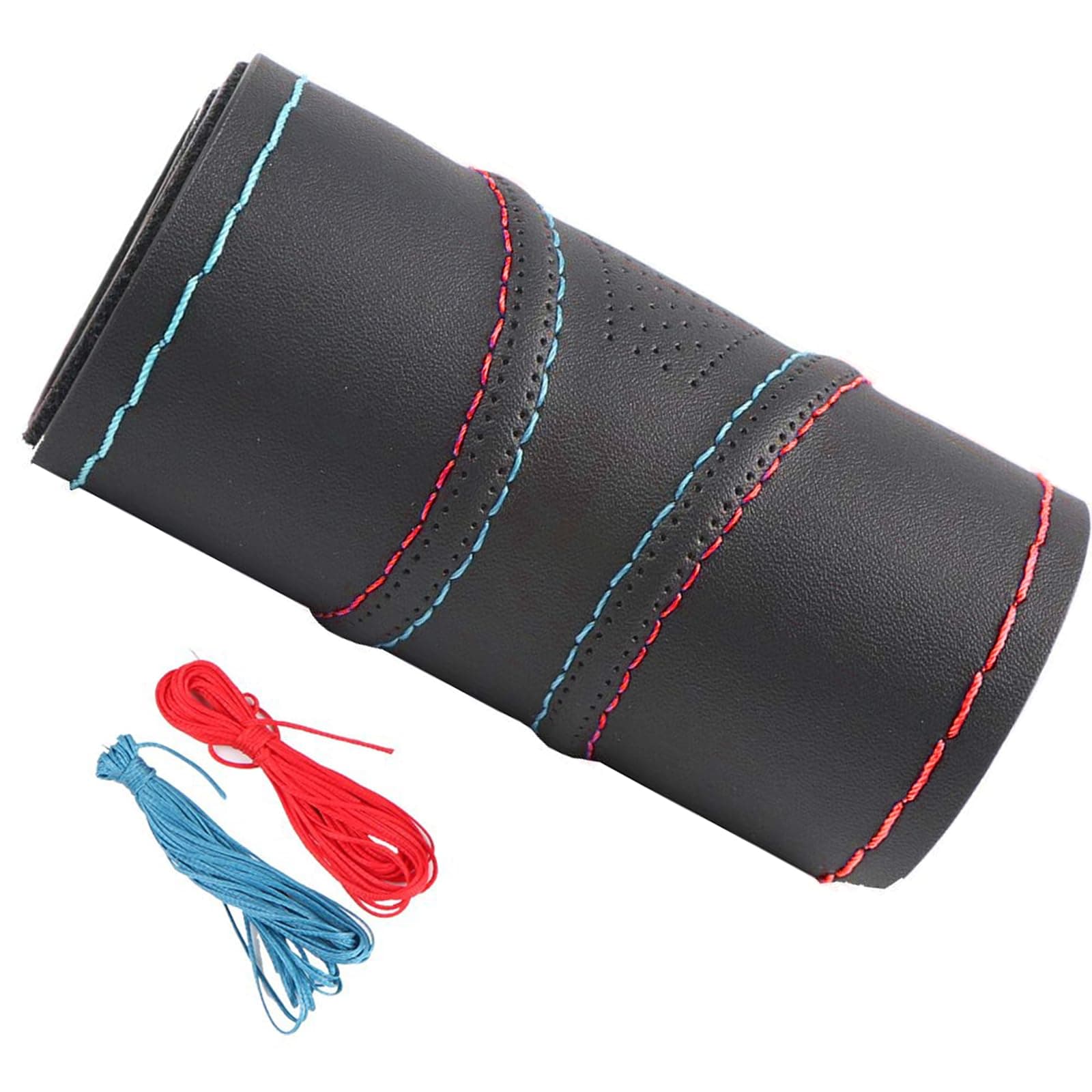 15 Inch Universal Car Steering Wheel Cover Leather (Artificial) Stitch On Wrap with Needle & Thread DIY Red and Blue Splice for BMW Etc