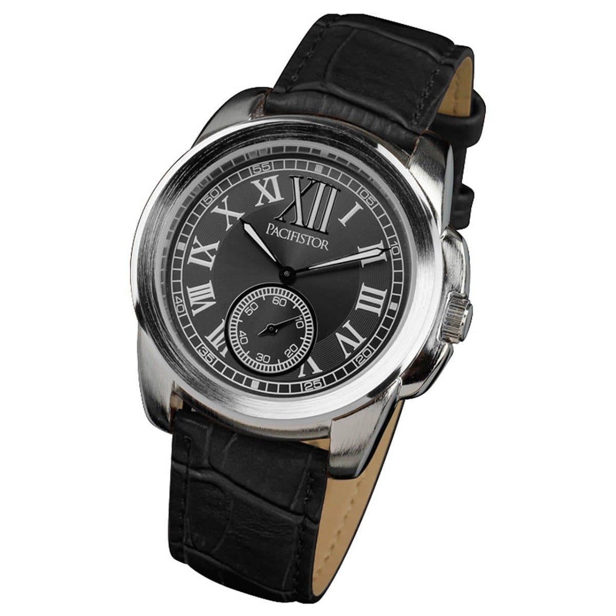 PACIFISTOR Mens Black Leather Stainless Steel Quartz Sport Analog Wrist Watch Gift #PX-009-S-BL