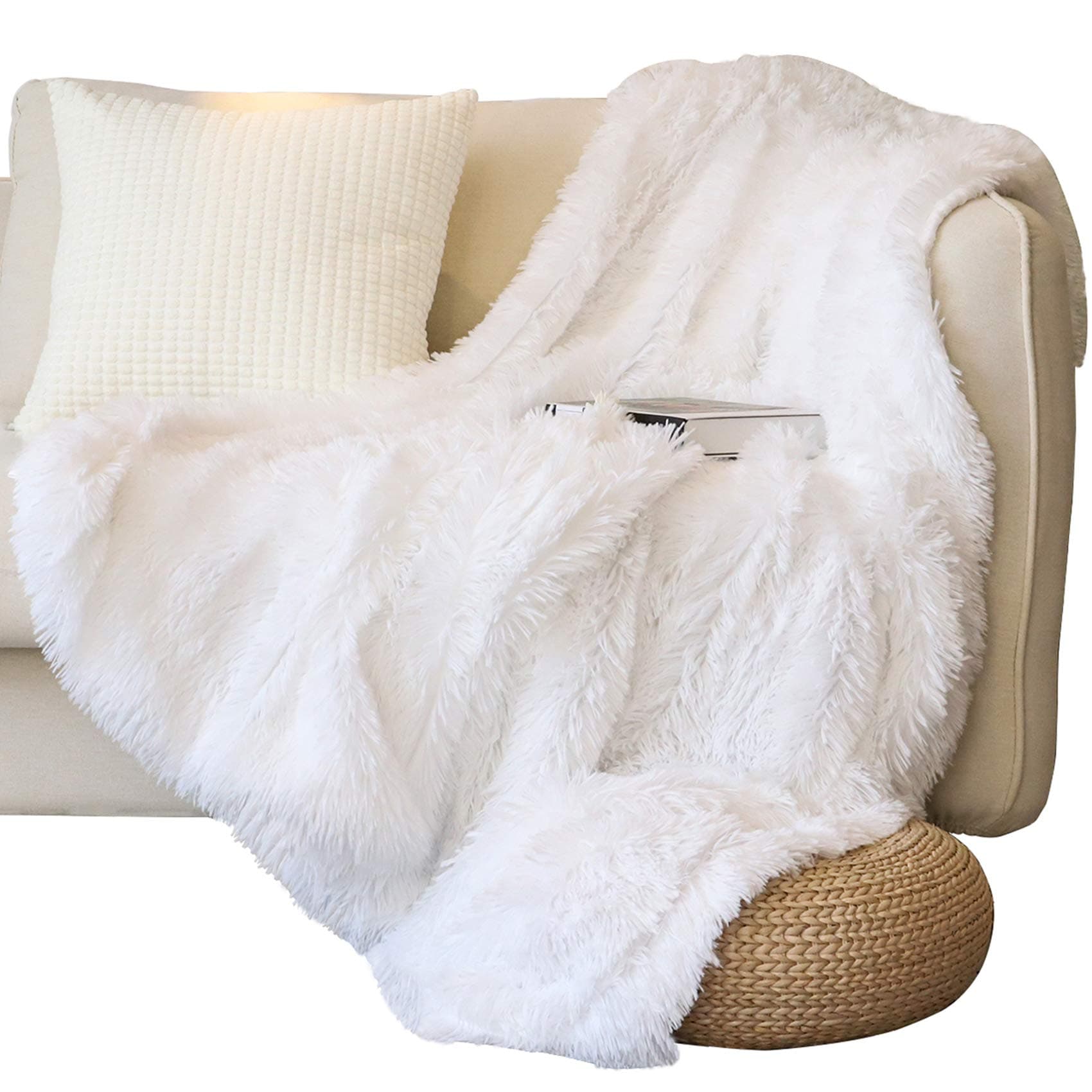 Decorative Extra Soft Faux Fur Throw Blanket 50" x 60",Solid Reversible Fuzzy Lightweight Long Hair Shaggy Blanket,Fluffy Cozy Plush Fleece Comfy Microfiber Fur Blanket for Couch Sofa Bed,Pure White
