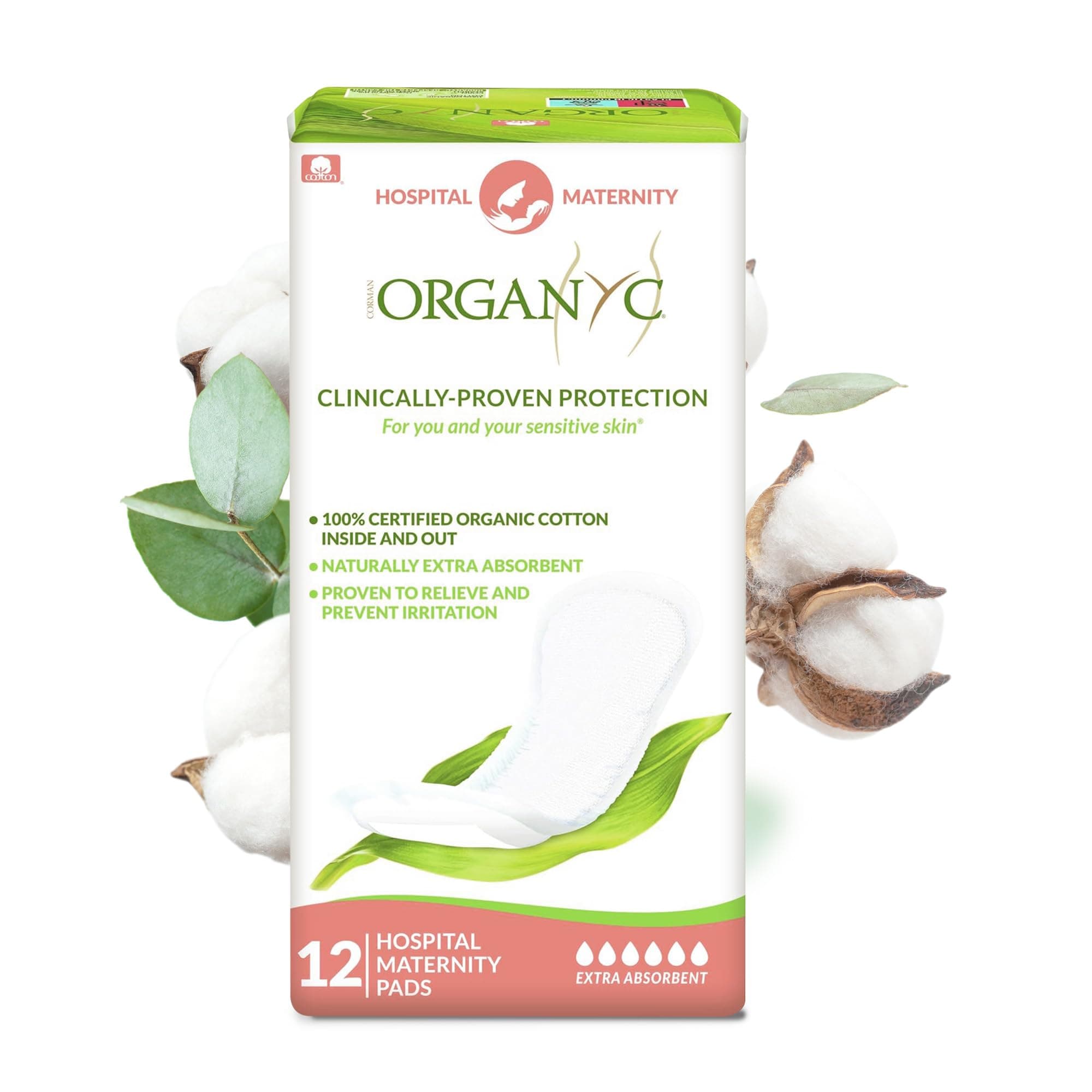 Organyc 100% Certified Organic Cotton Pregnancy Pads for Sensitive Skin - Ideal for the First Days, Pack of 12