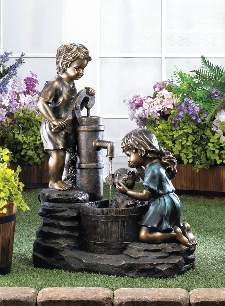 Two children with Pup Vintage-Look Outdoor Garden Water Pump Cascading Fountain
