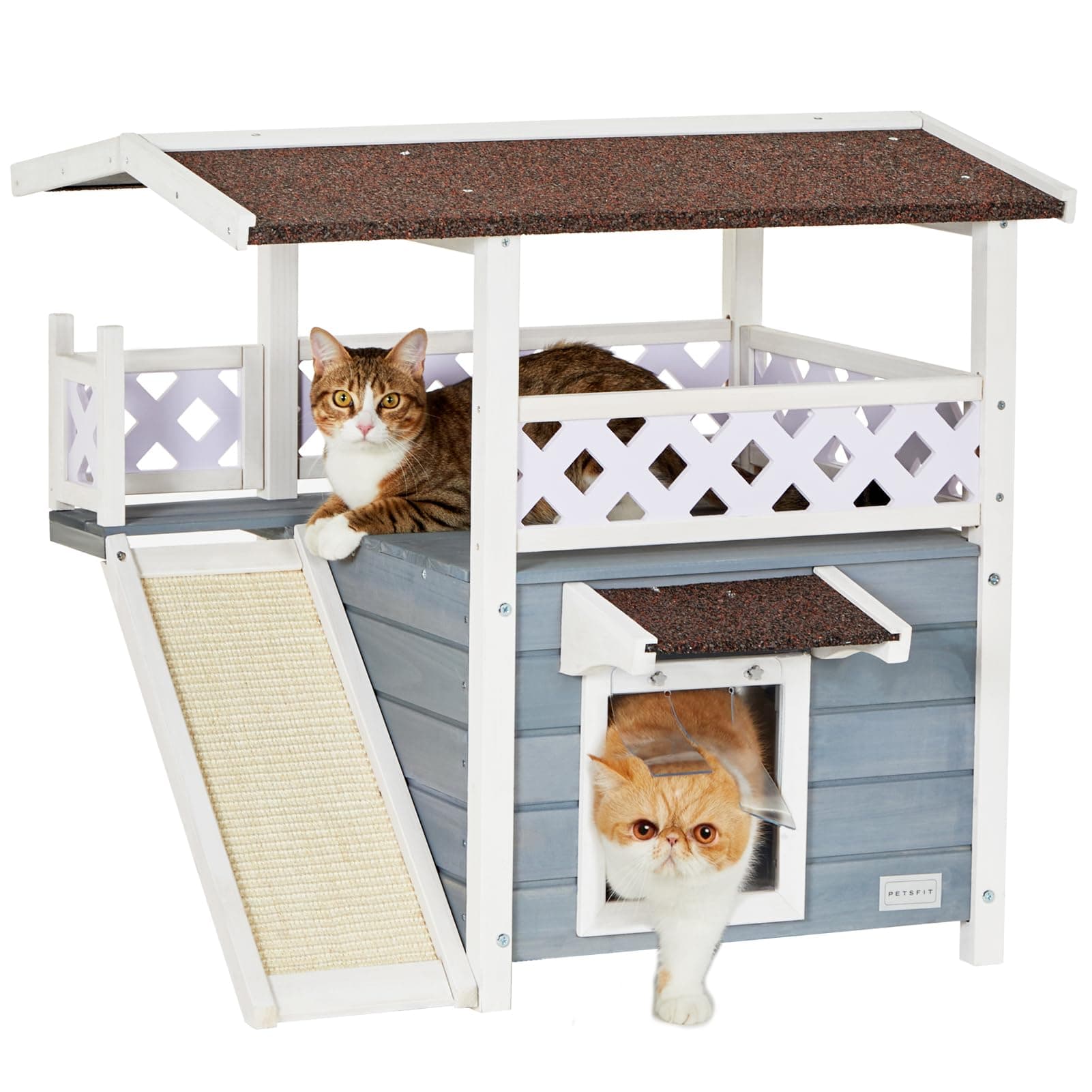 Petsfit Durable Roof Cat House Outdoor Weatherproof with Escape Door, Stair or Scratch Board, 2 Story Design Perfect for Multi Cats, Outside Cat House Gray