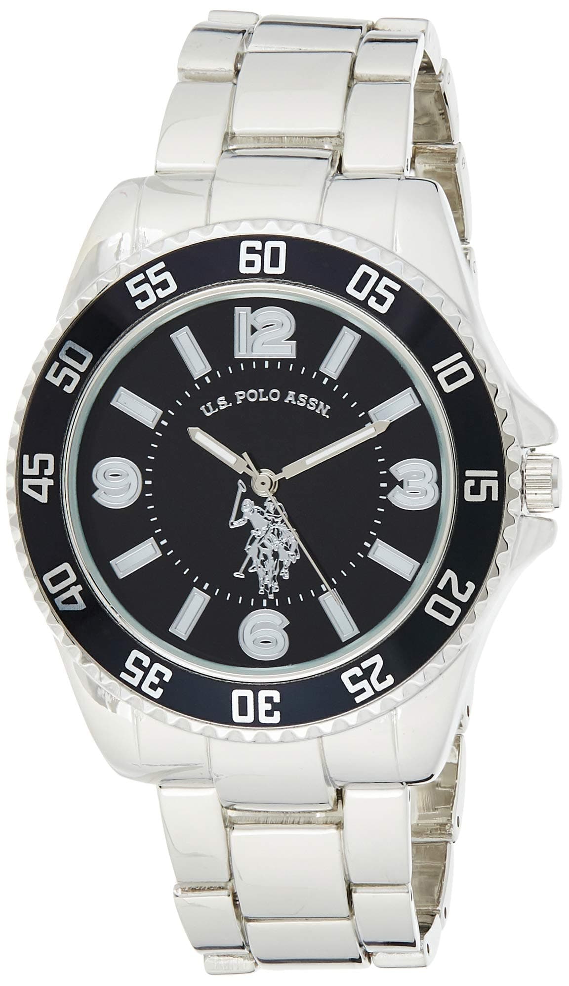 U.S. Polo Assn. Men's Analog Stainless Steel Watch with Black Dial and Rotating Bezel – Sleek Design, Adjustable Band, and Water-Resistant – Fits Wrists 5.5" to 8"