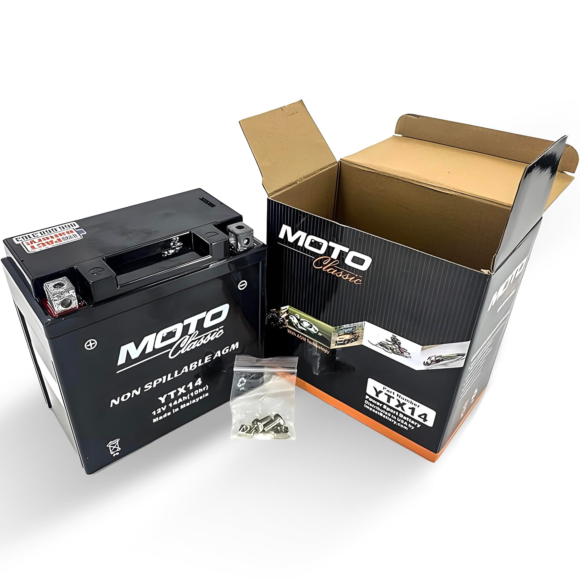 MotoClassic YTX14 12V 14Ah 220CCA Sealed AGM High Performance Replacement Battery - YTX14 Battery - Reliable Replacement for Yuasa YTX14-BS, Ideal ATV/Motorcycle Batteries