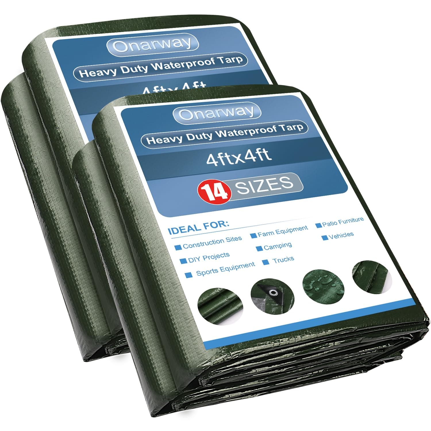 Onarway Poly Tarps Waterproof for Outdoor: Green Tarpaulin 6Mil Thicken 4x4 Ft 2Packs- Anti-UV Waterproof Tarp Cover with Grommets Multipurpose for Boat Pool Roof Camping