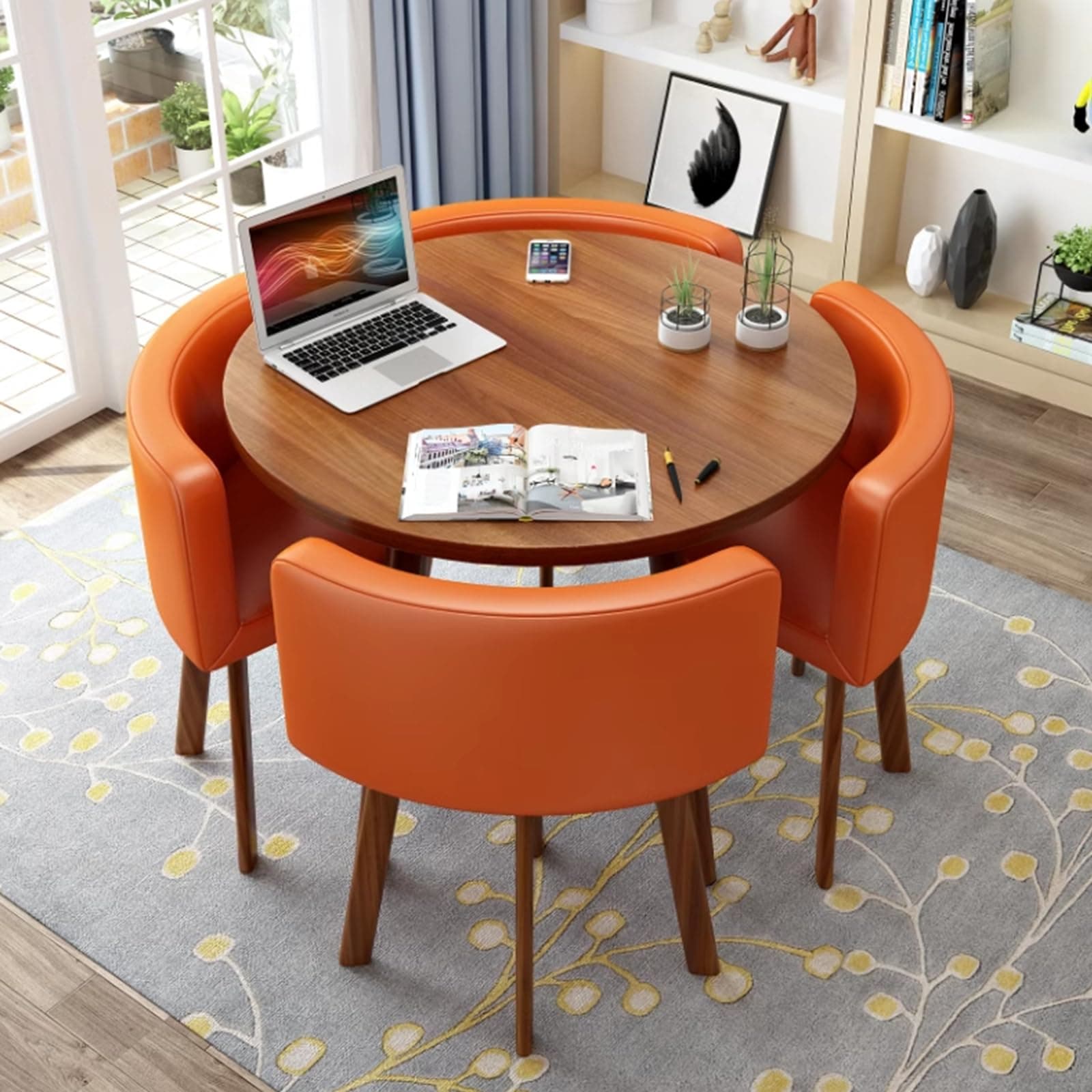 Round Kitchen Dining Table Set for 4, Space Saving Table and Chairs Set with Thick Tabletop 4 Upholstered Chairs, Dinning Room Modern Casual Coffee Table Set(D 31.5inch/80cm, PU OrangeB)
