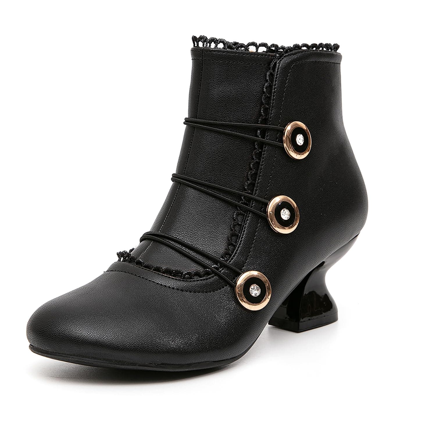 Women's Ankle Boots Low Heels Lace Buttons Round Toe Side Zipper Vintage Short Boots Autumn Winter