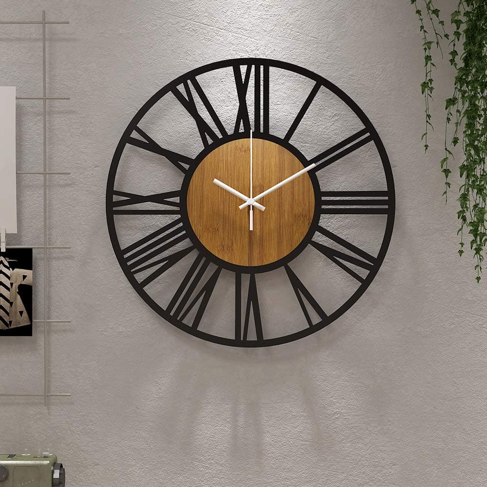 HAITANG Large Wall Clocks,Silent,Non Ticking,Battery Operated Small Vintage Round Modern Wood Wall Clock for Living Room, Bedroom,Kitchen,Farmhouse,Office Decor-14IN(34cm, Black,Roman numeral)