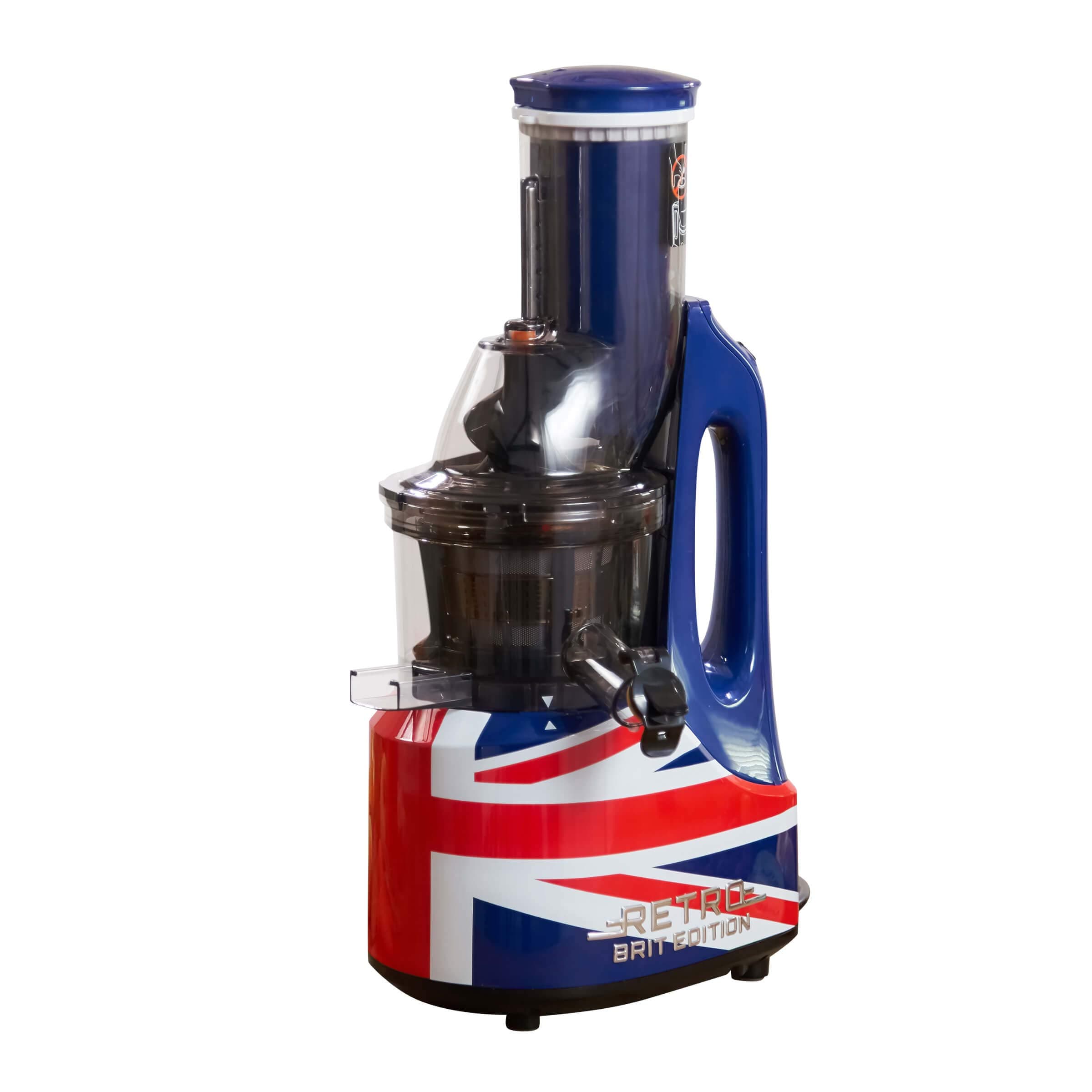 Retro Cold Press Union Jack Styled Masticating 240 Watt Juicer with Easy to Clean Parts and No Chopping Needed!