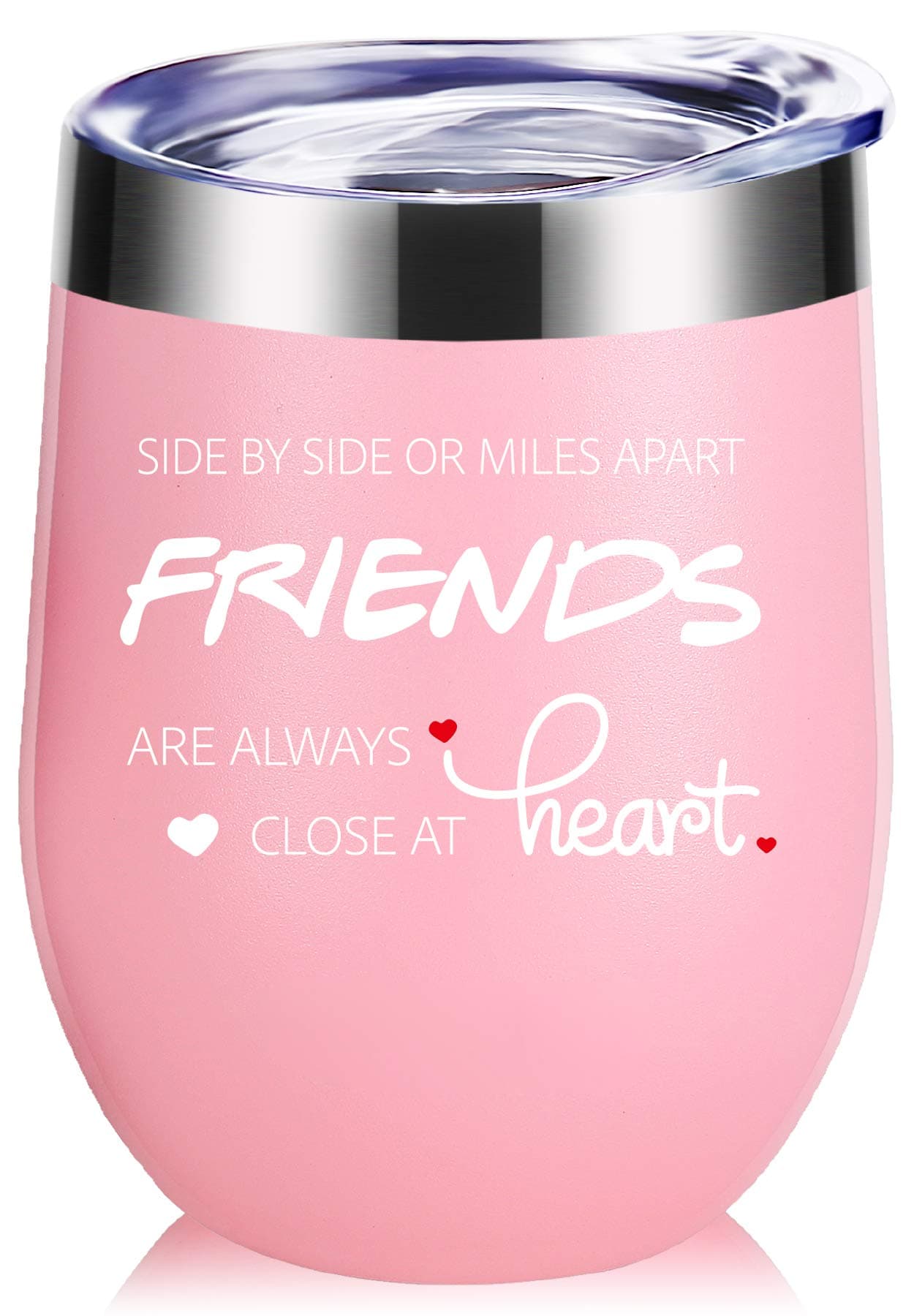Best Friend Gifts.Side By Side or Miles Apart,Friends Are Always Close at Heart 12 OZ Wine Glass Tumbler.Long Distance Friendship,Birthday,Christmas Gifts for Friends Bestie Women Mug(Light Pink)