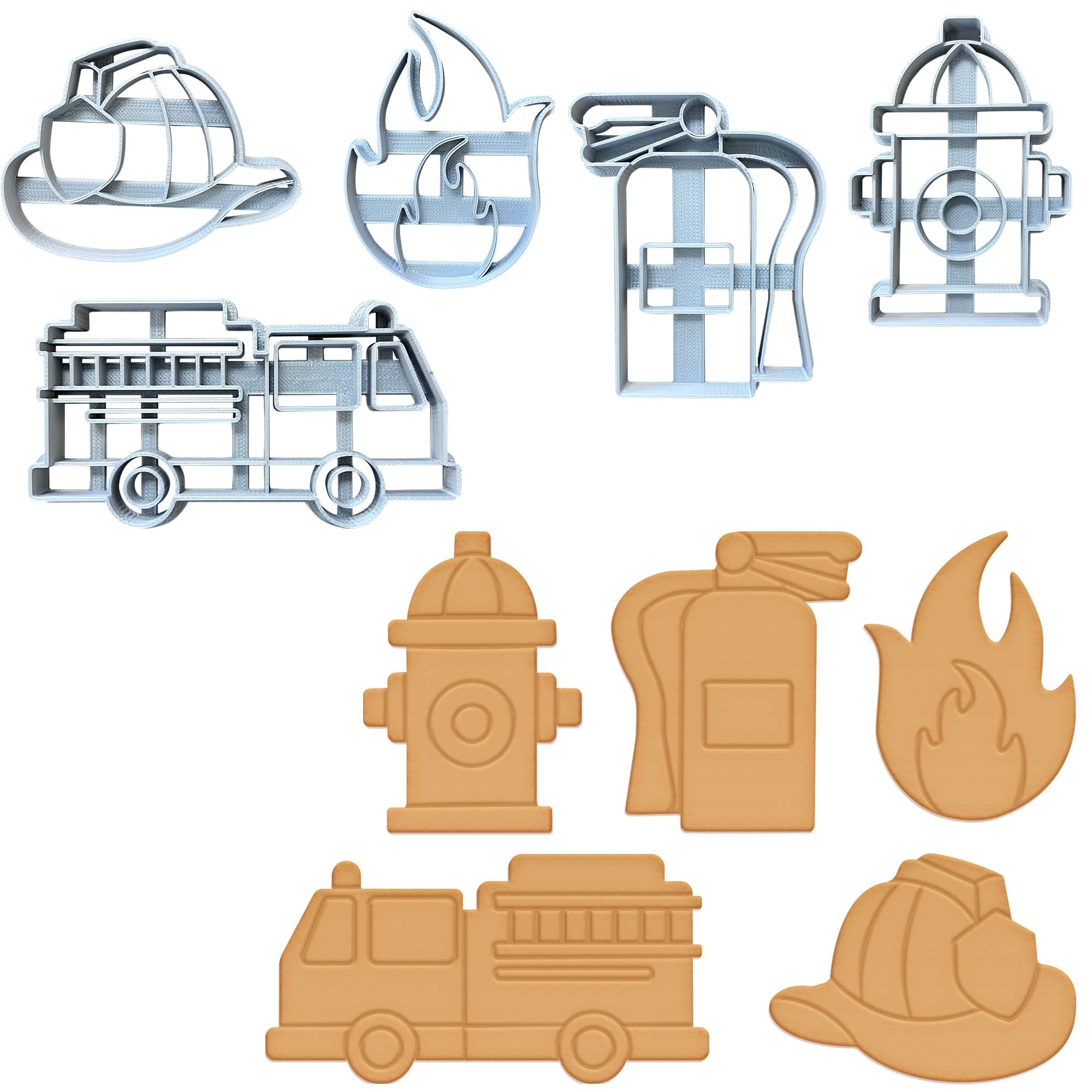 Moose Goods Firefighter Cookie Cutters for Baking - Set of 5 Cookie Cutters with Stamp - Includes Fire Truck Cookie Cutter, Fire Helmet, Fire Extinguisher, Fire Hydrant, & Flame Cookie Cutter - Silver